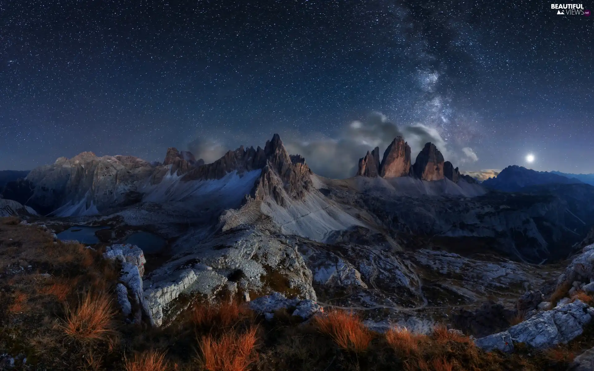 Tre Cime di Lavaredo, Night, Italy, Sky, Star way, Dolomites, Mountains, star