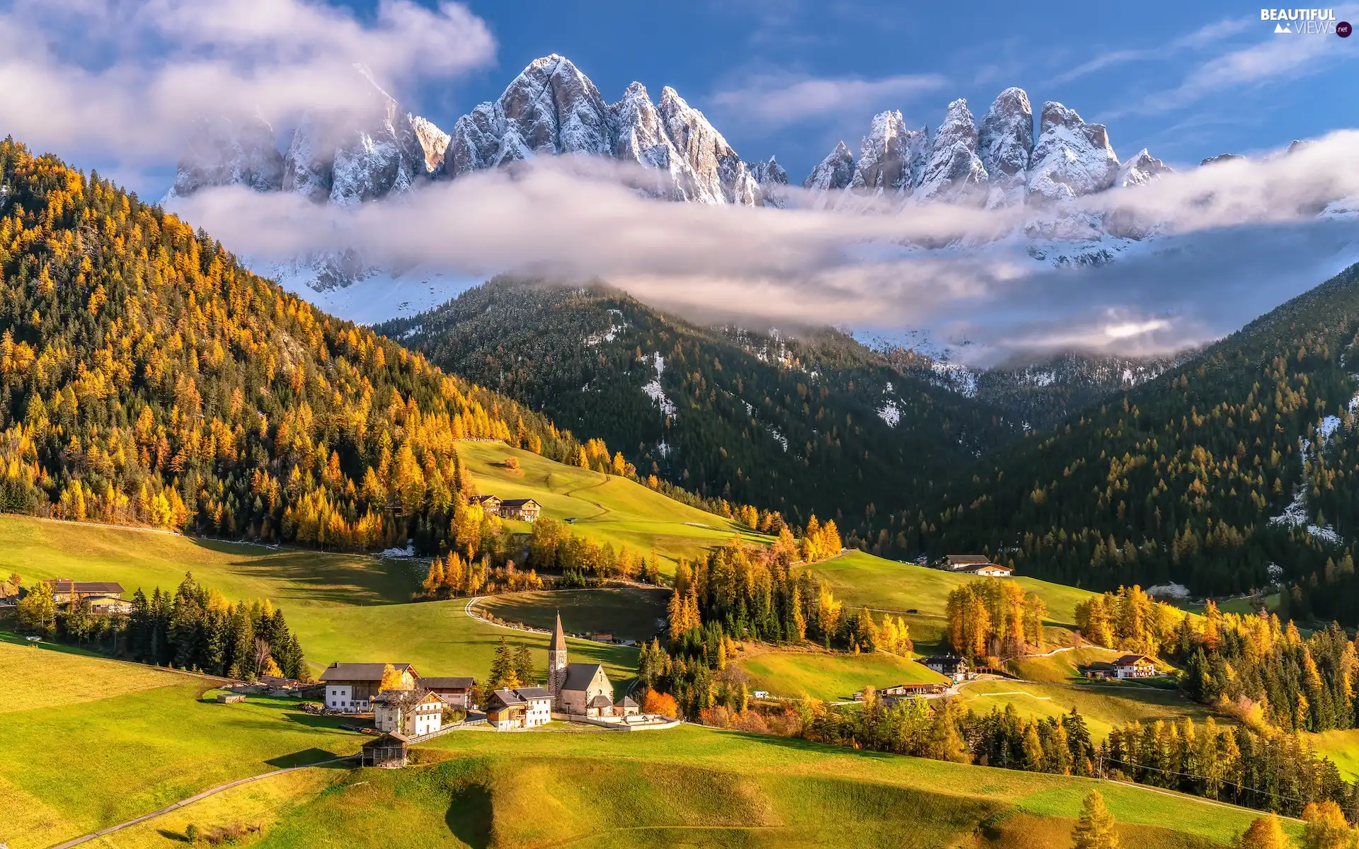 Dolomites, Mountains, Italy, autumn, trees, viewes, village, Santa Maddalena, Fog