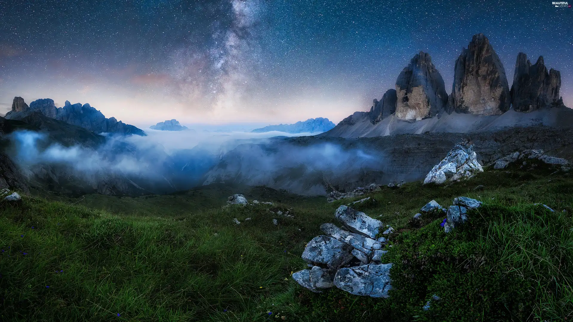 Dolomites, Mountains, rocks, grass, star, Italy, Night, Star way, Stones