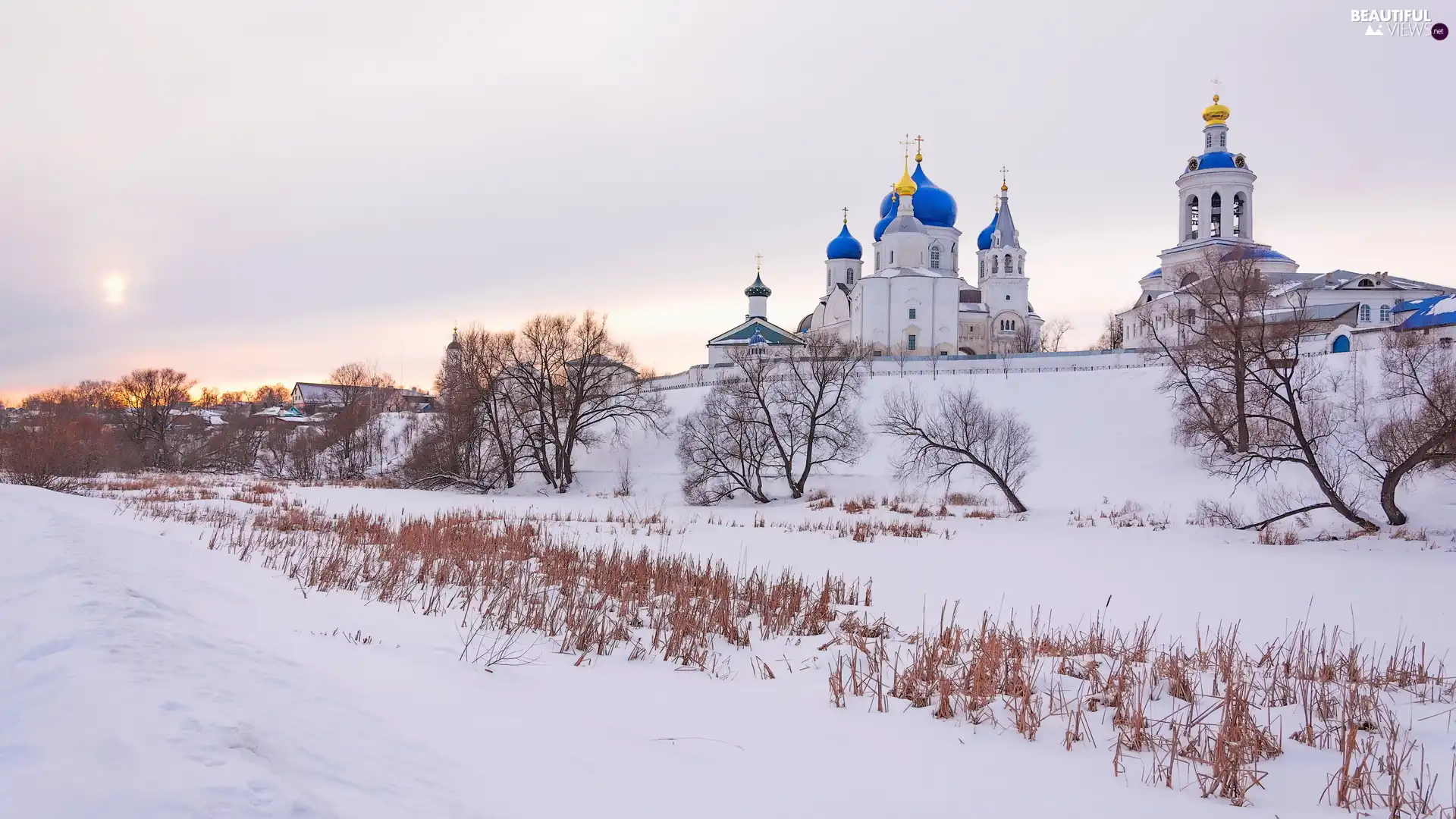 winter, Blue, viewes, Domes, Cerkiew, trees, grass