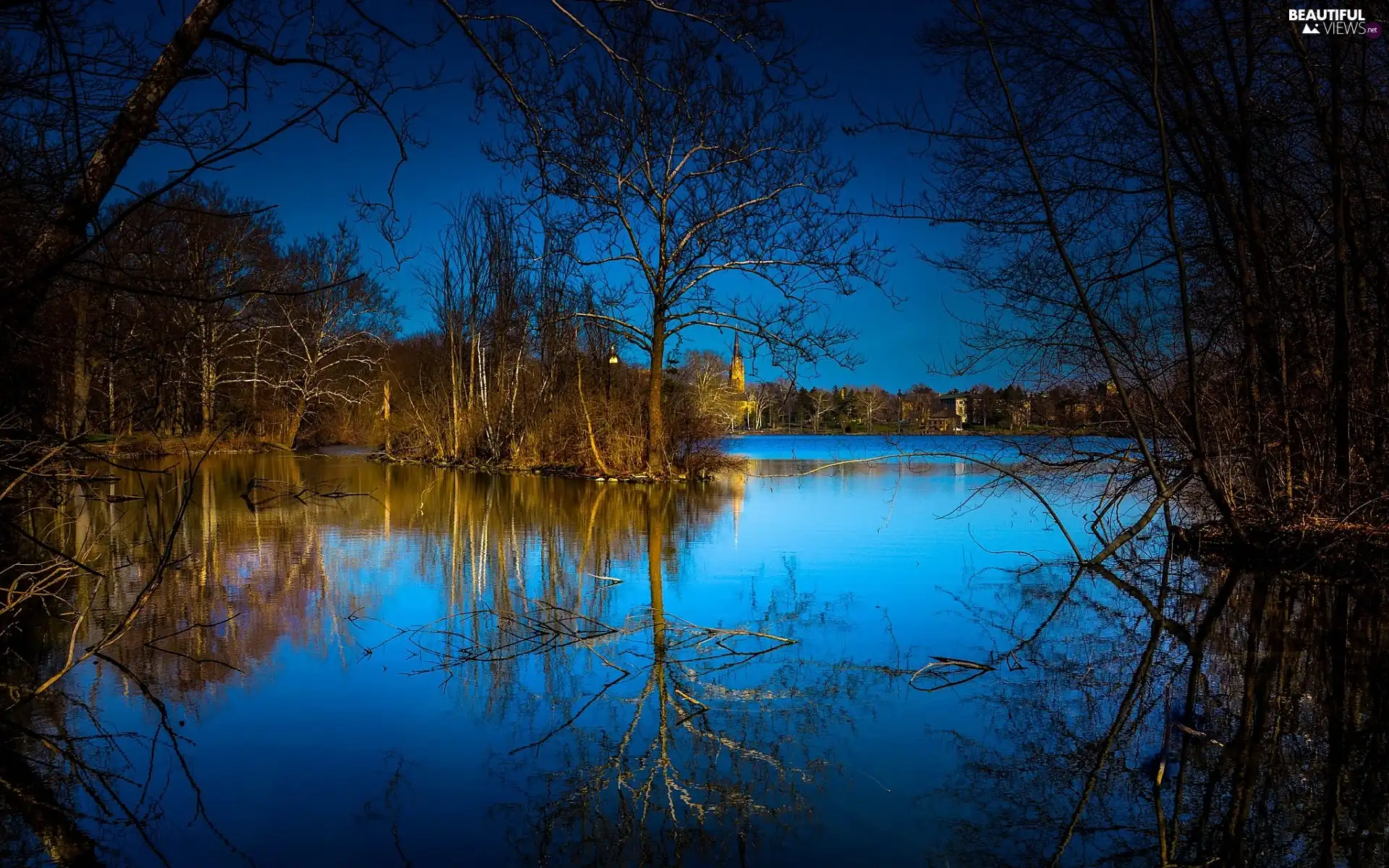 River, viewes, Dusk, trees