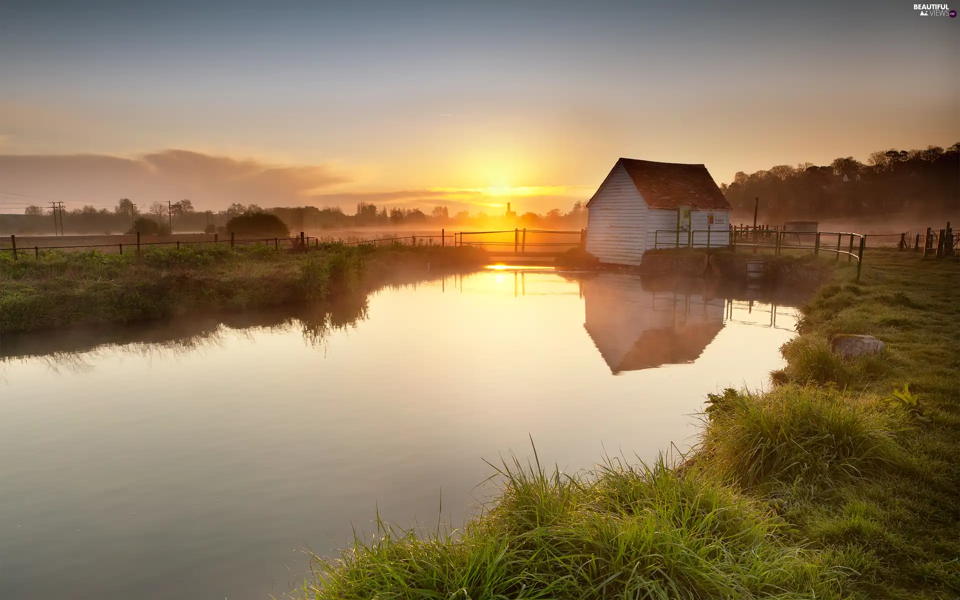 house, River, east, sun, Fog, medows