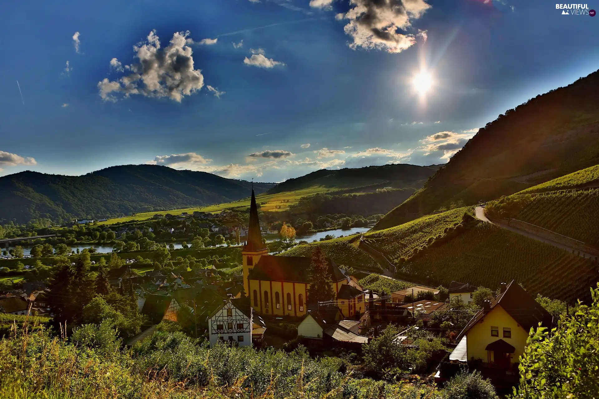 east, sun, Valley, Houses, Mountains