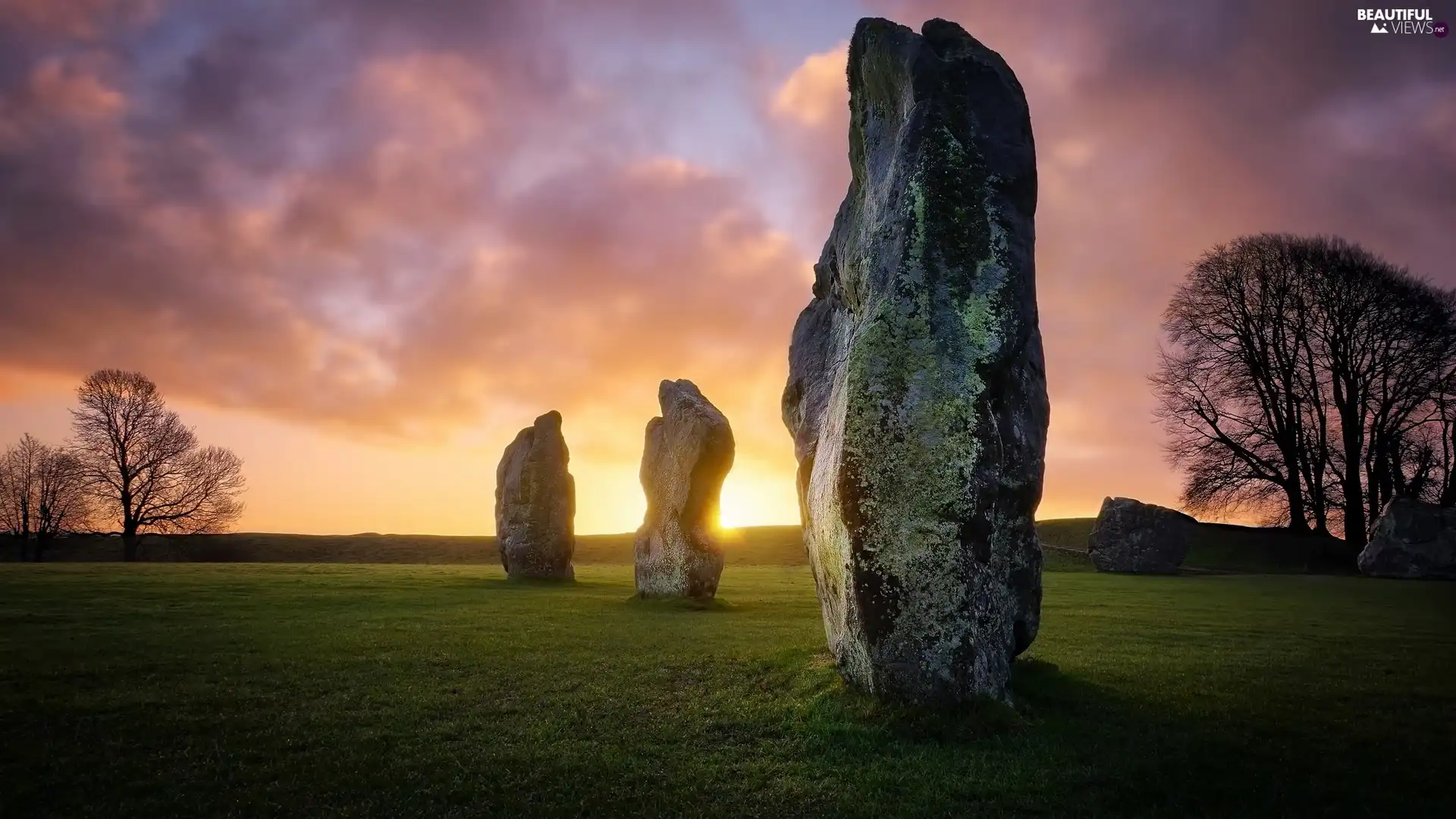 boulders, Wiltshire County, Neolithic Boulders, trees, Carnac Stones, England, Avebury Village, viewes, Sunrise, rocks
