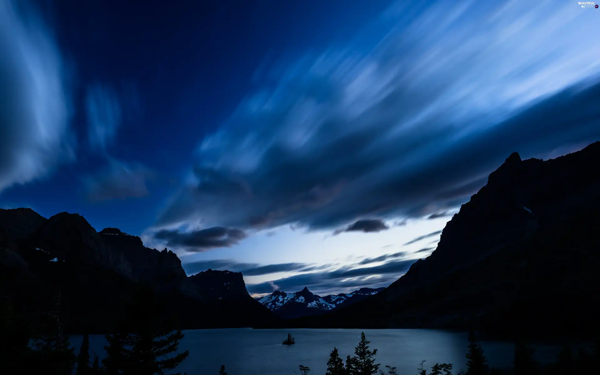 Mountains, lake, evening, clouds