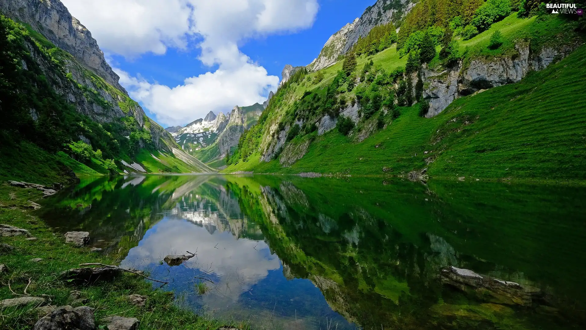 Alps Mountains, Rute Municipality, clouds, Appenzell Innerrhoden Canton, Switzerland, Falensee Lake, reflection