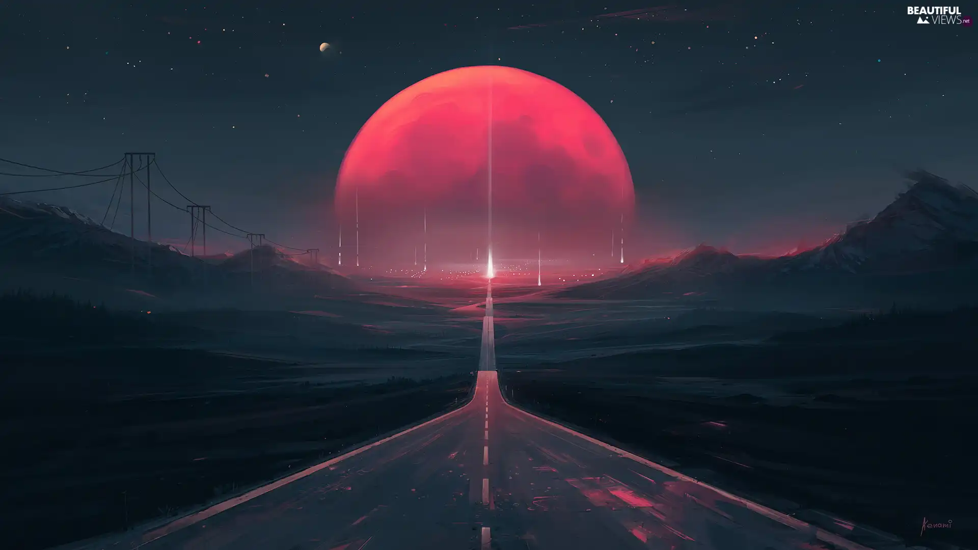 red hot, Mountains, light, Way, graphics, Planet, fantasy