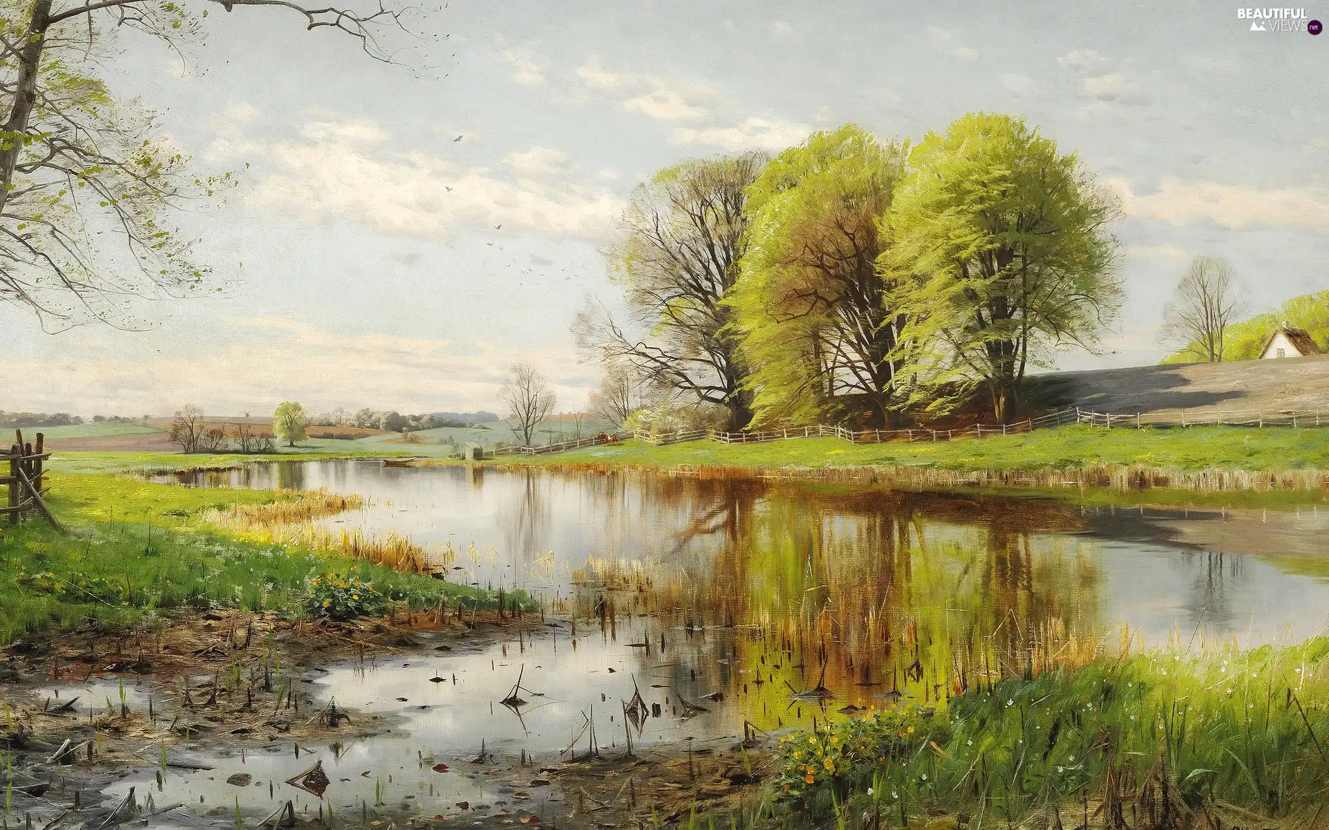 Flowers, country, trees, picture, landscape, Cow, viewes, house, Pond - car, Spring, Peder Mork Monsted, painting, Boat, fence
