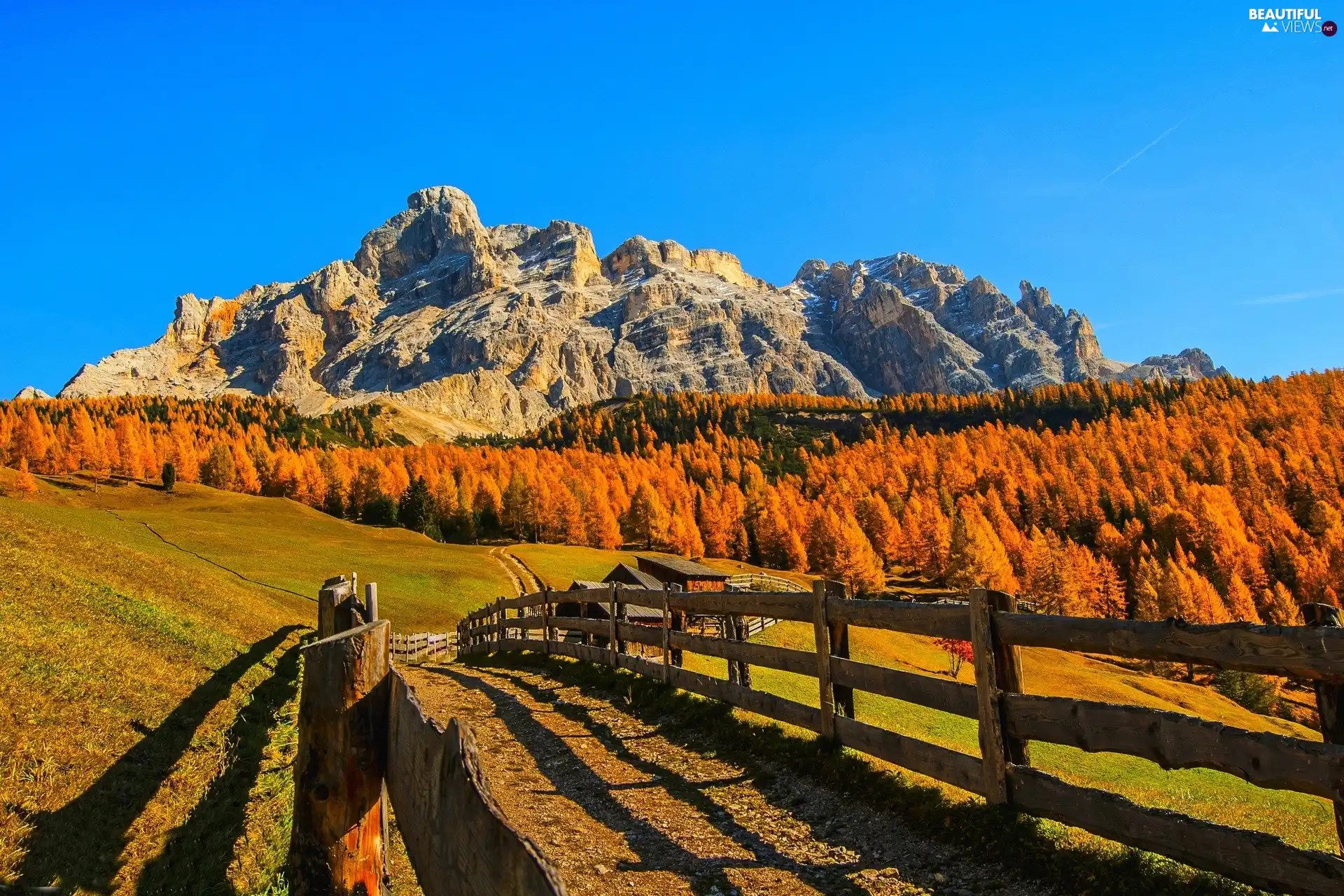 Mountains, autumn, fence, woods