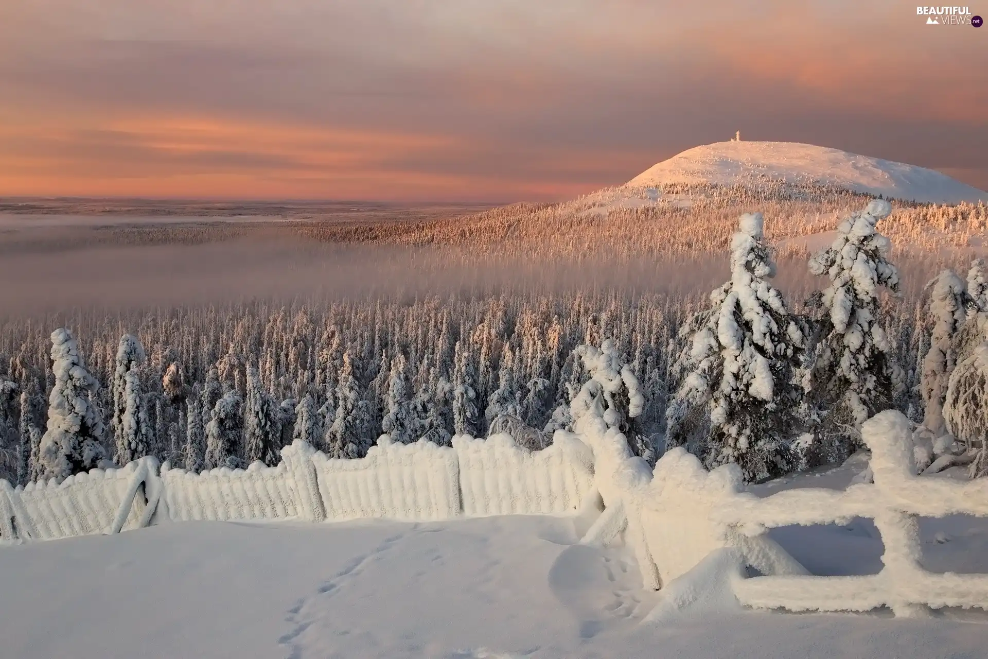 Snowy, winter, viewes, fence, trees, Mountains