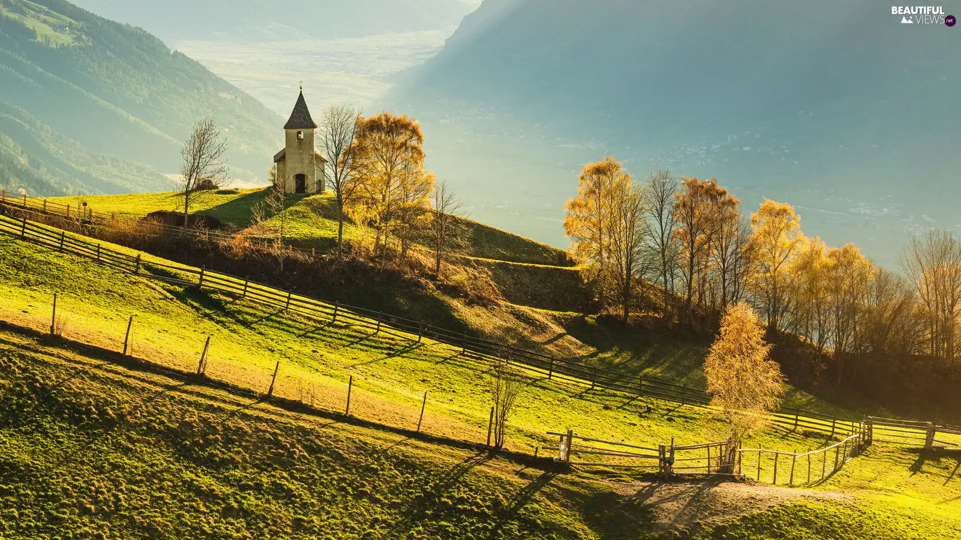 trees, Hill, autumn, Fences, viewes, Church