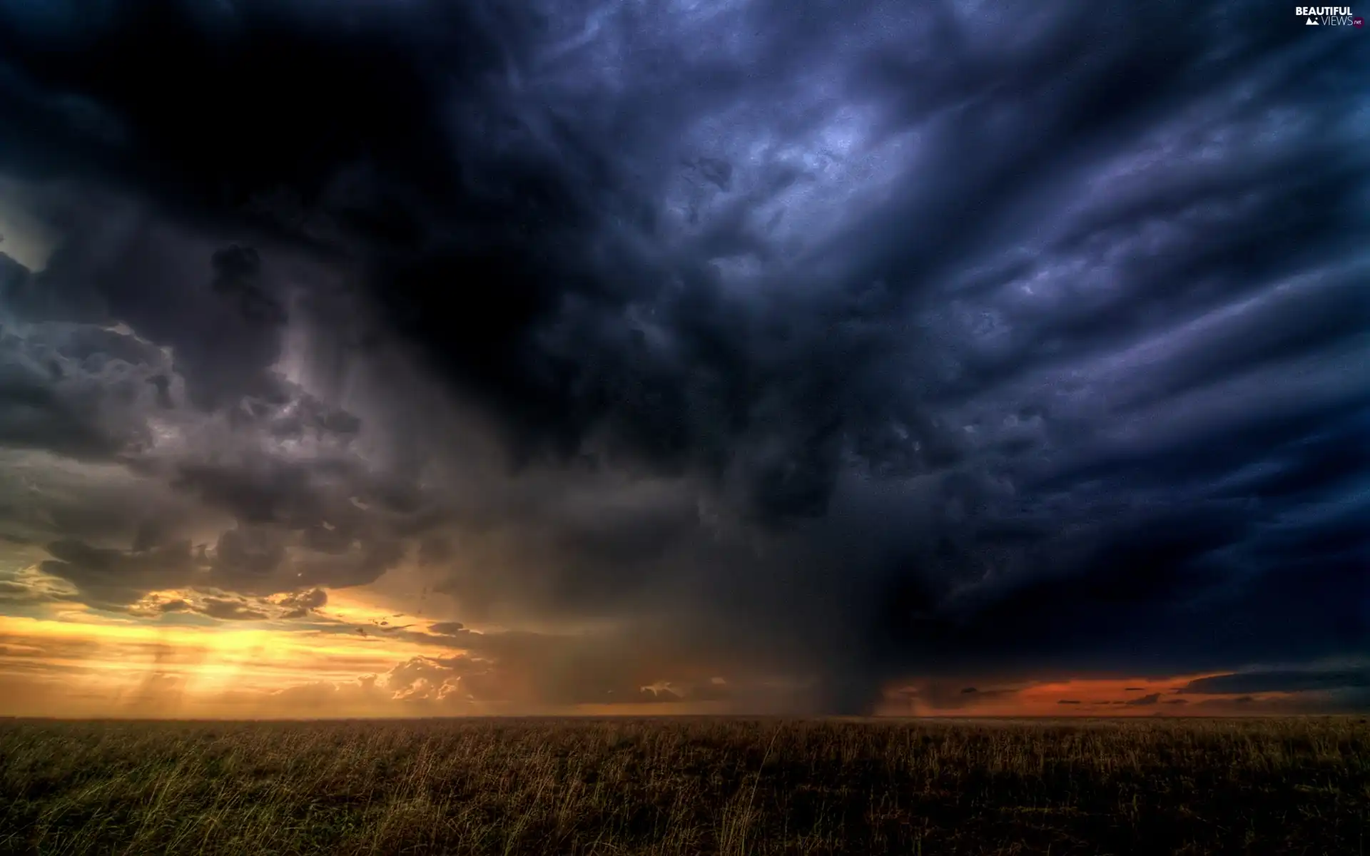 clouds, sun, Field, west