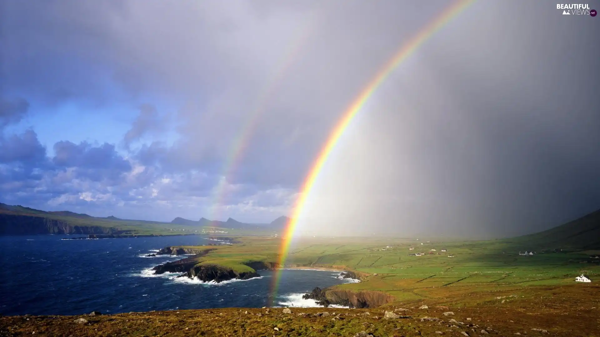 lake, Farms, field, rainbows