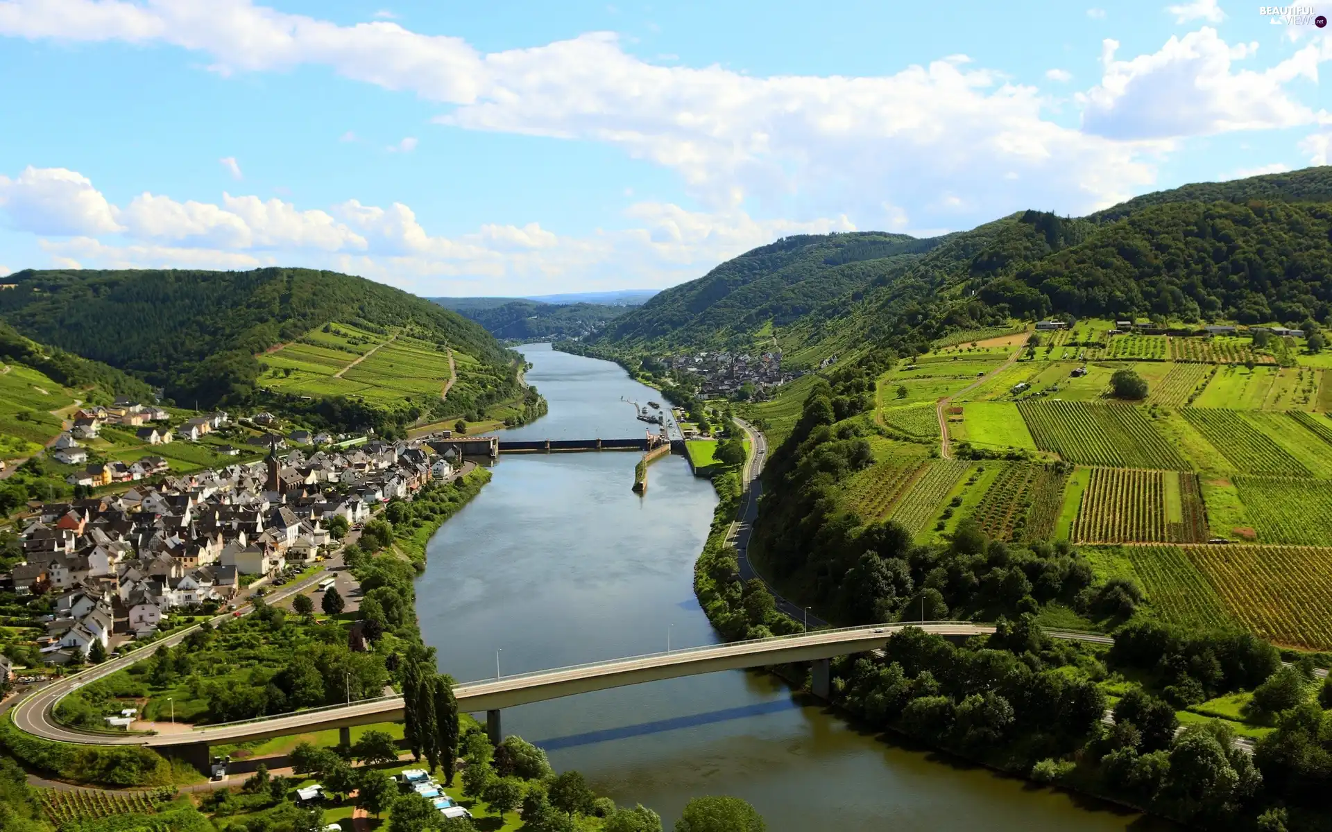 River, Houses, field, bridge