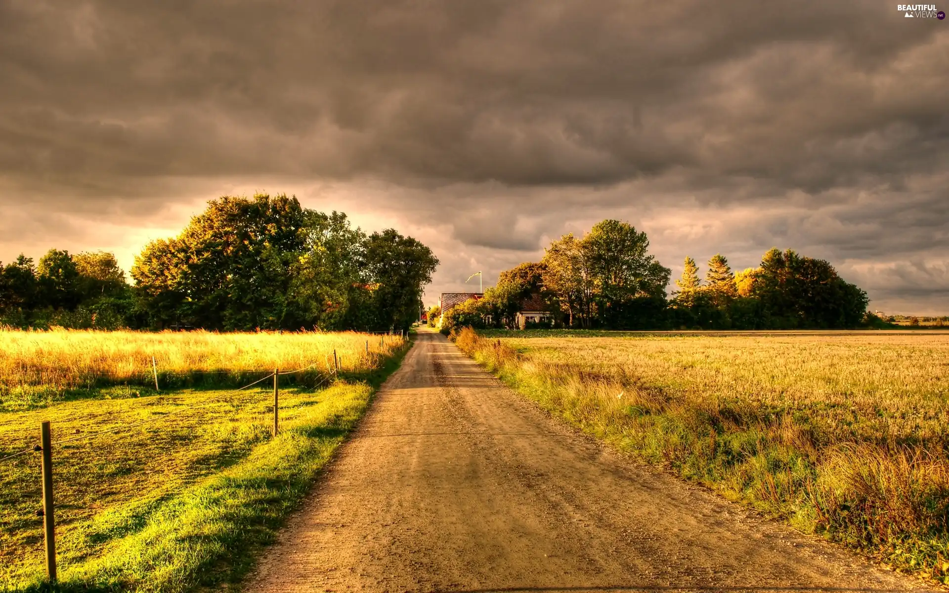 field, Way, sun, clouds, west