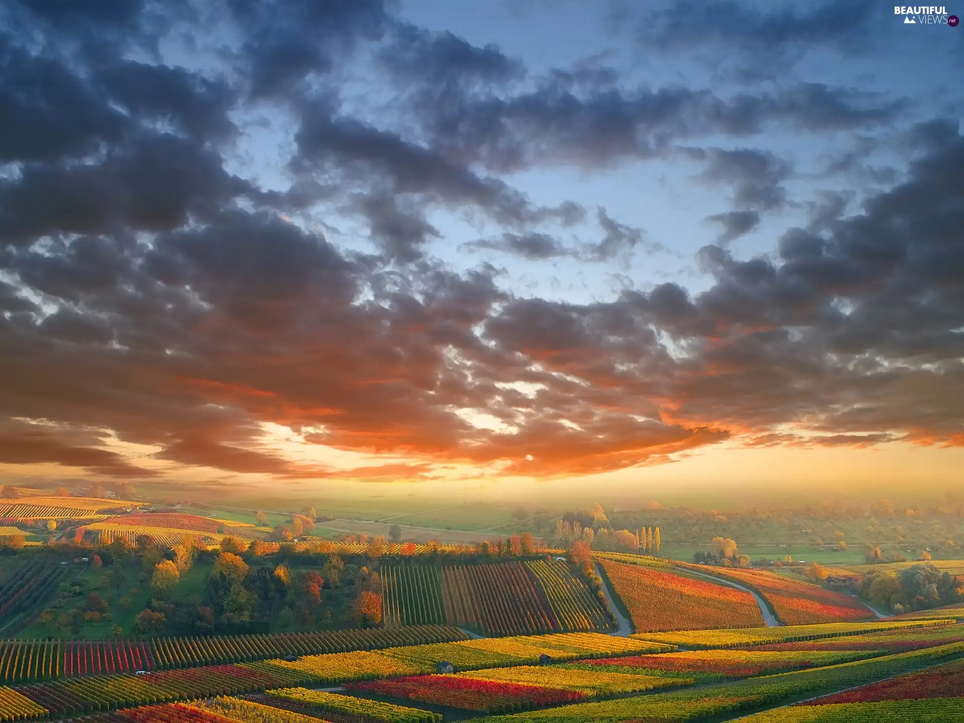 west, clouds, field, sun