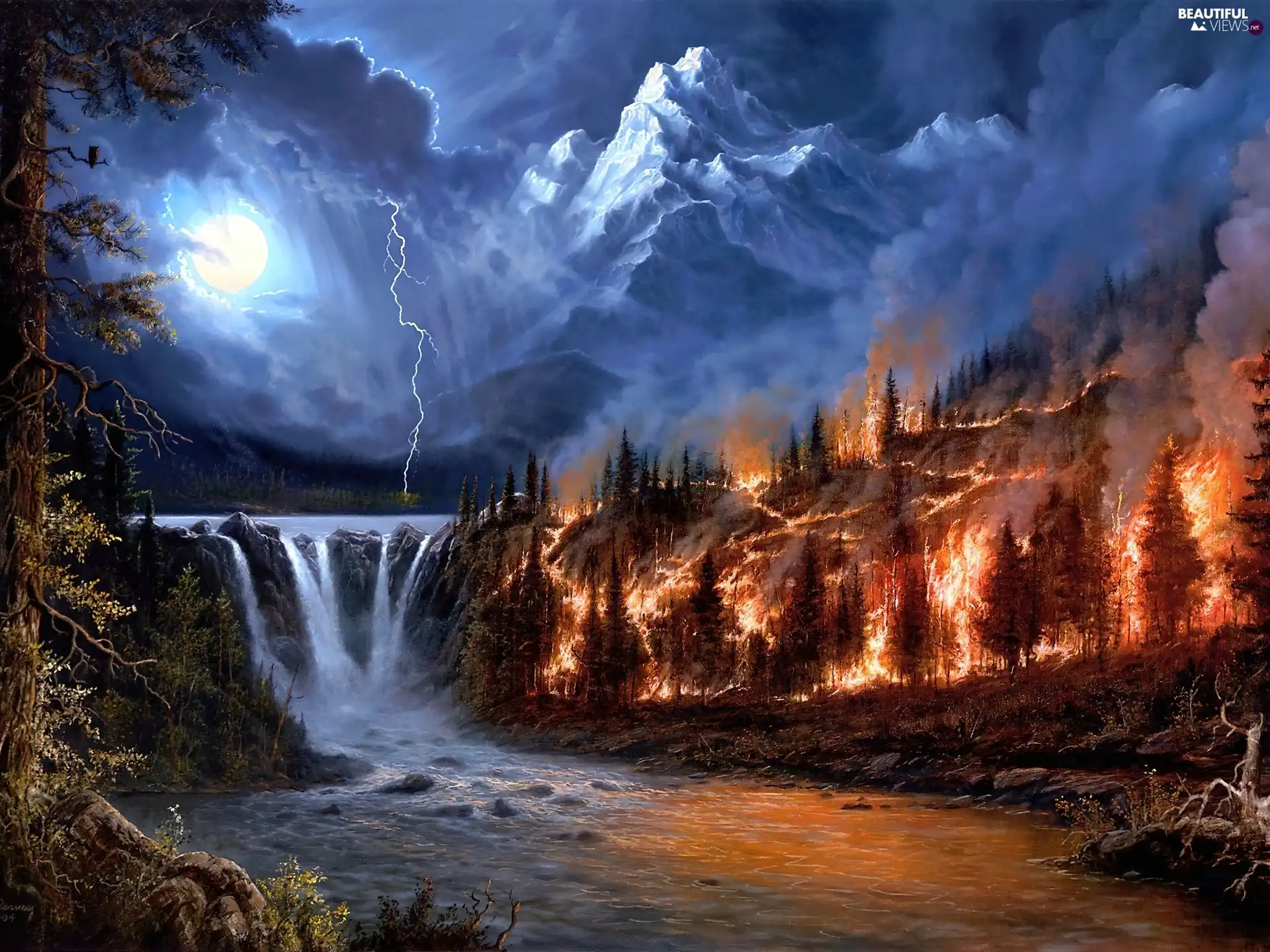 fire, Mountains, waterfall, Storm, Night