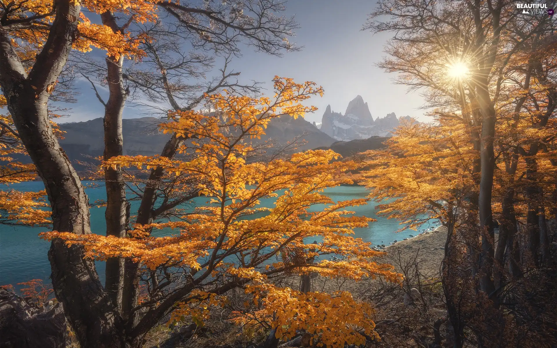 Patagonia, Argentina, mountains, Fitz Roy, rays of the Sun, lake, trees, viewes, autumn