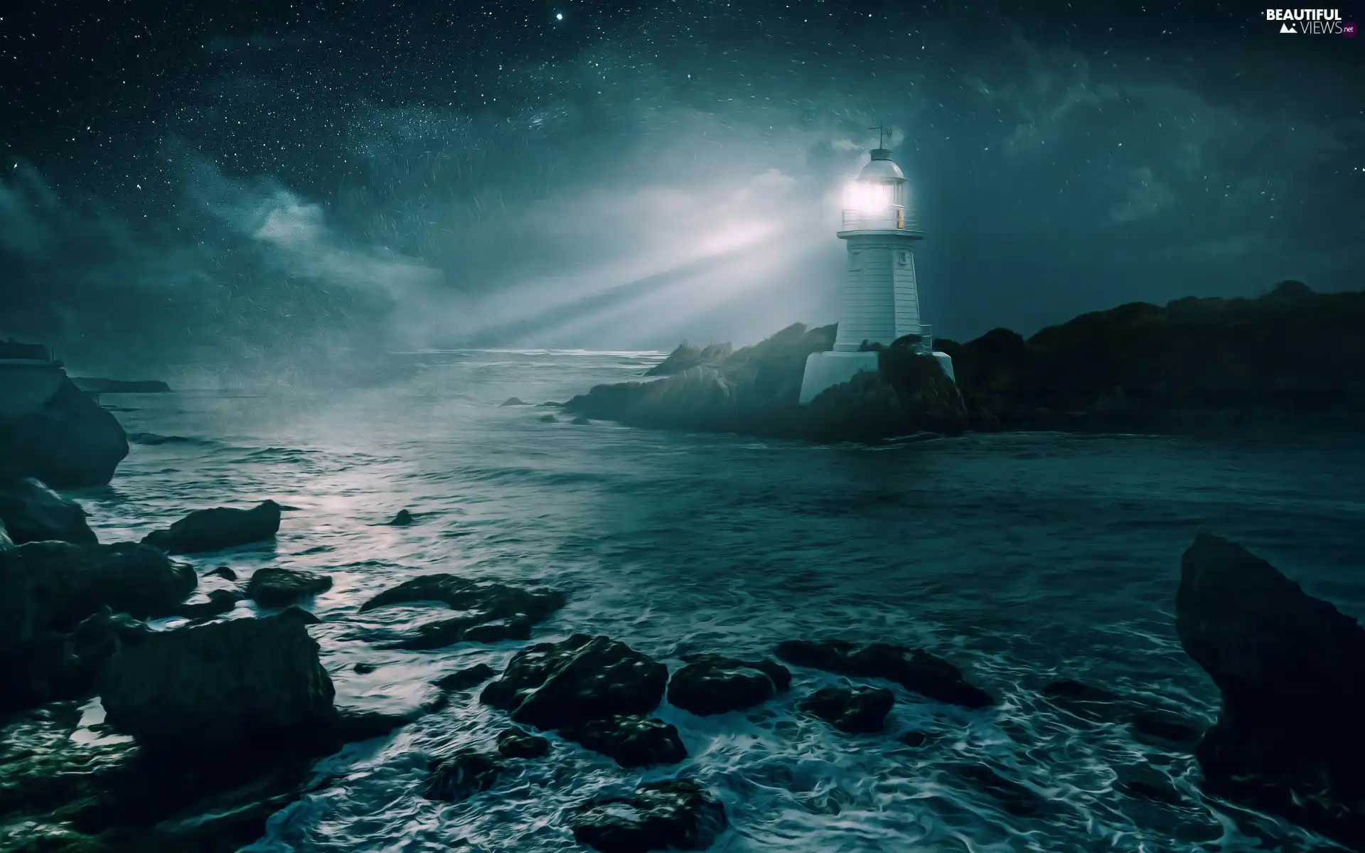 Stones, Night, rocks, sun, ligh, Lighthouses, luminosity, sea, graphics, flash, star, Waves