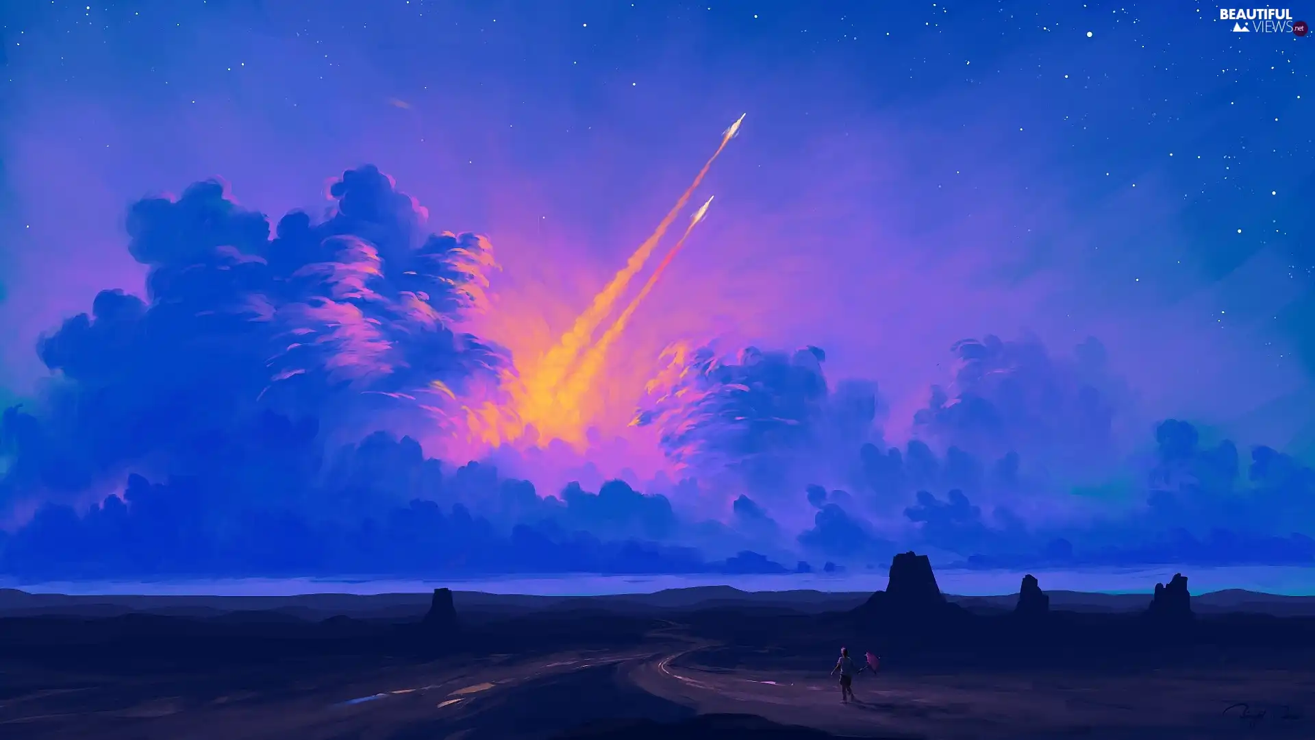 rockets, clouds, boy, flight, Sky, rocks, graphics