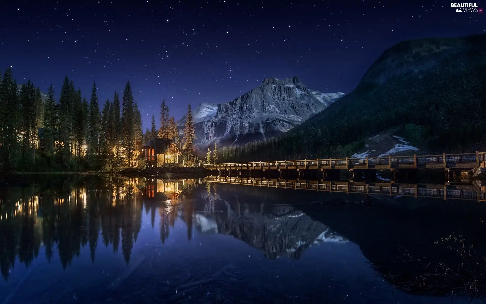 lake, Canada, Yoho National Park, Emerald Lake, Floodlit, reflection, Night, Mountains, British Columbia, house, bridge