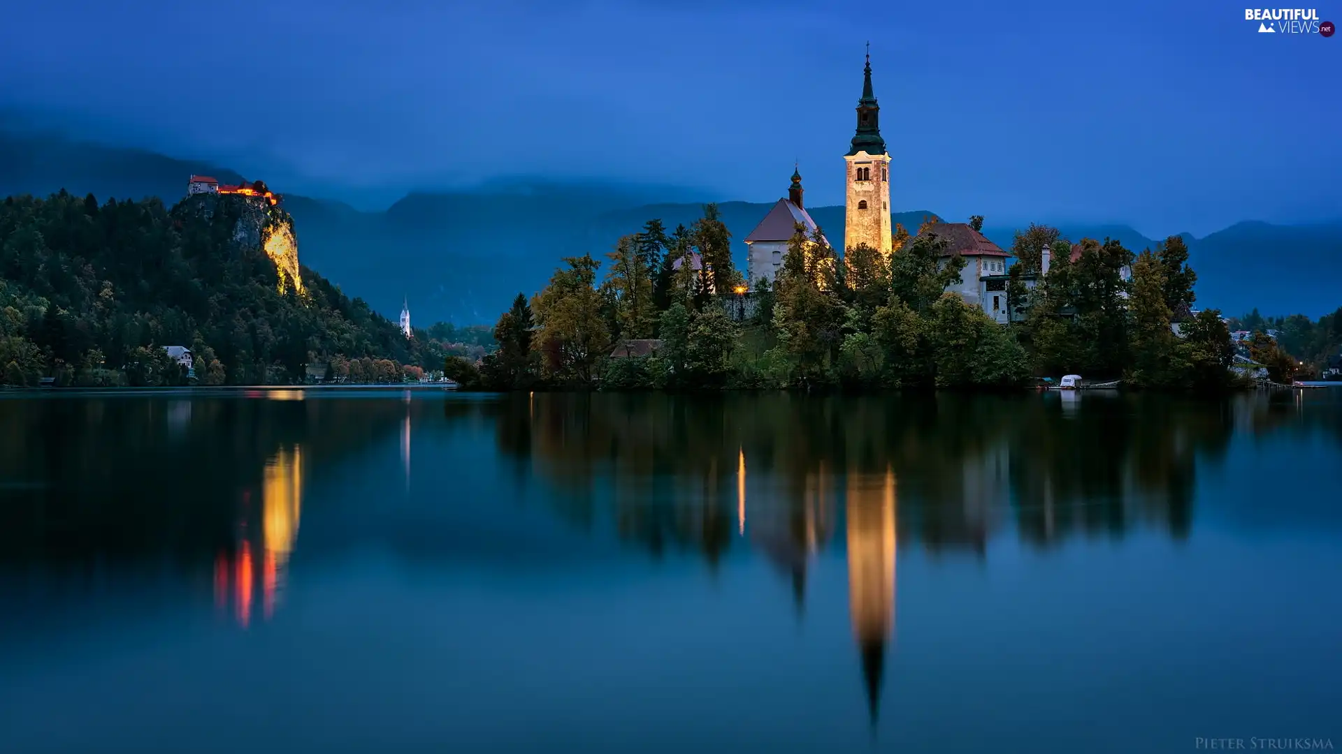trees, Lake Bled, Floodlit, Mountains, Church of the Annunciation of the Virgin Mary, Slovenia, Blejski Otok Island, Julian Alps, viewes, Bled Castle