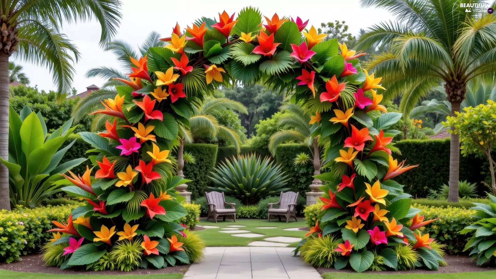 floral, Garden, Bow, Yellow, Stool, Palms, Flowers, Plants, Red