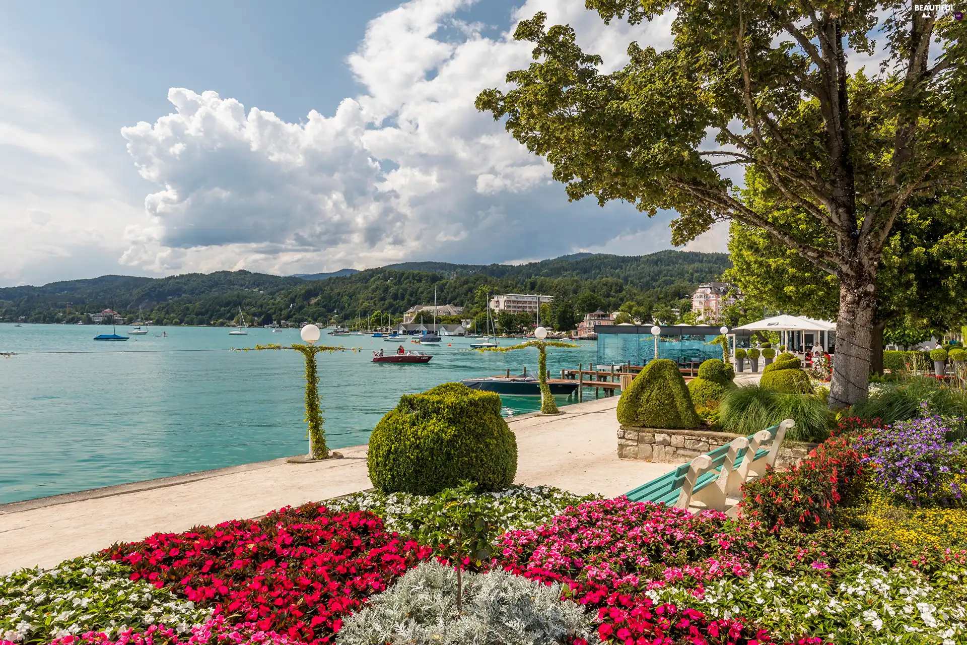 Flower-beds, Flowers, trees, viewes, Harbour, clouds, lake, Boats, Mountains