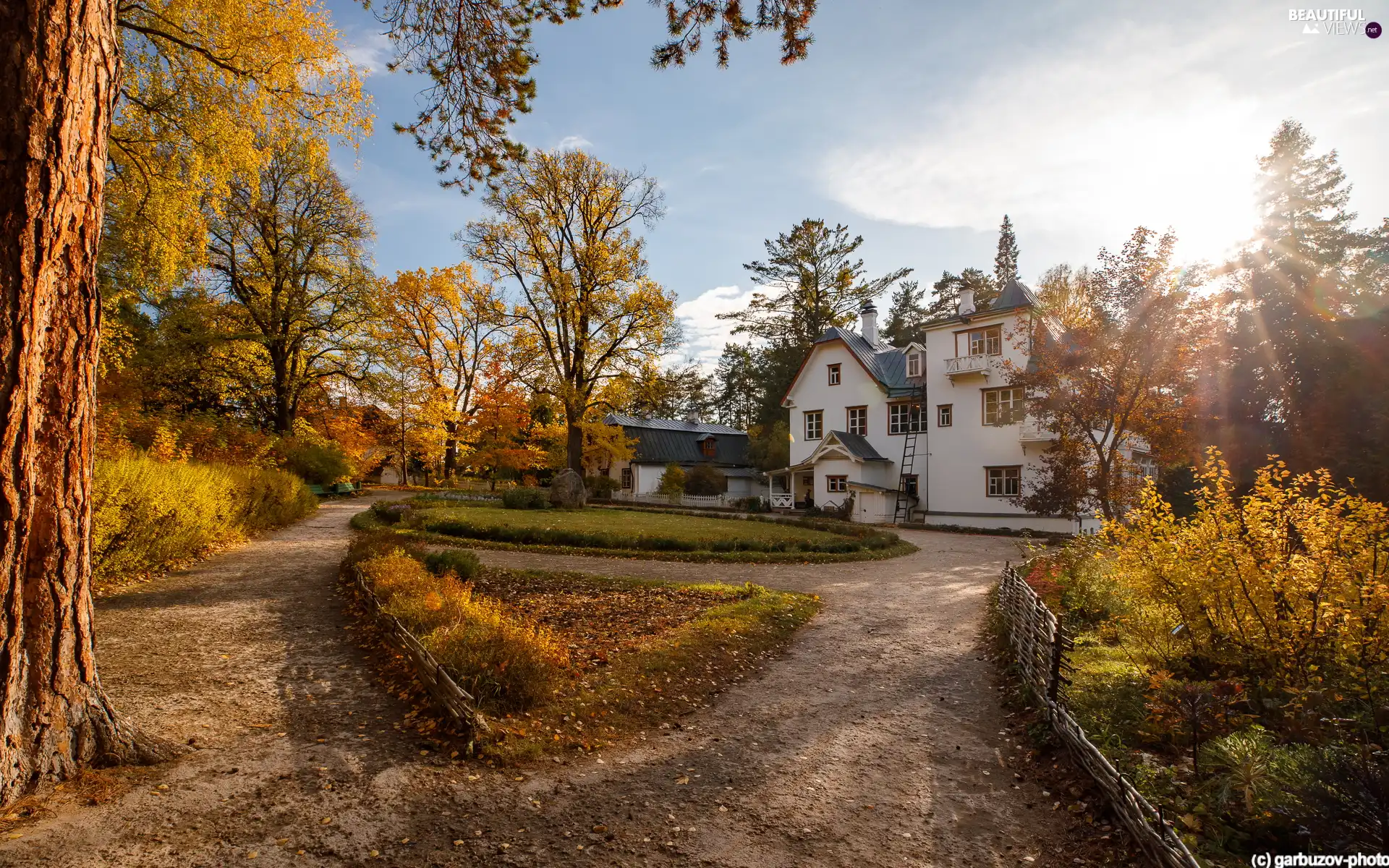 viewes, White, Paths, house, Lawn, trees, autumn, flowerbed