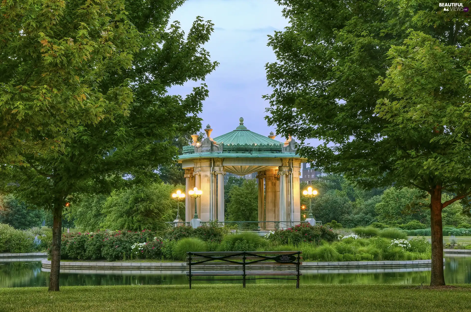 Pond - car, arbour, viewes, Bench, Park, trees, Flowers