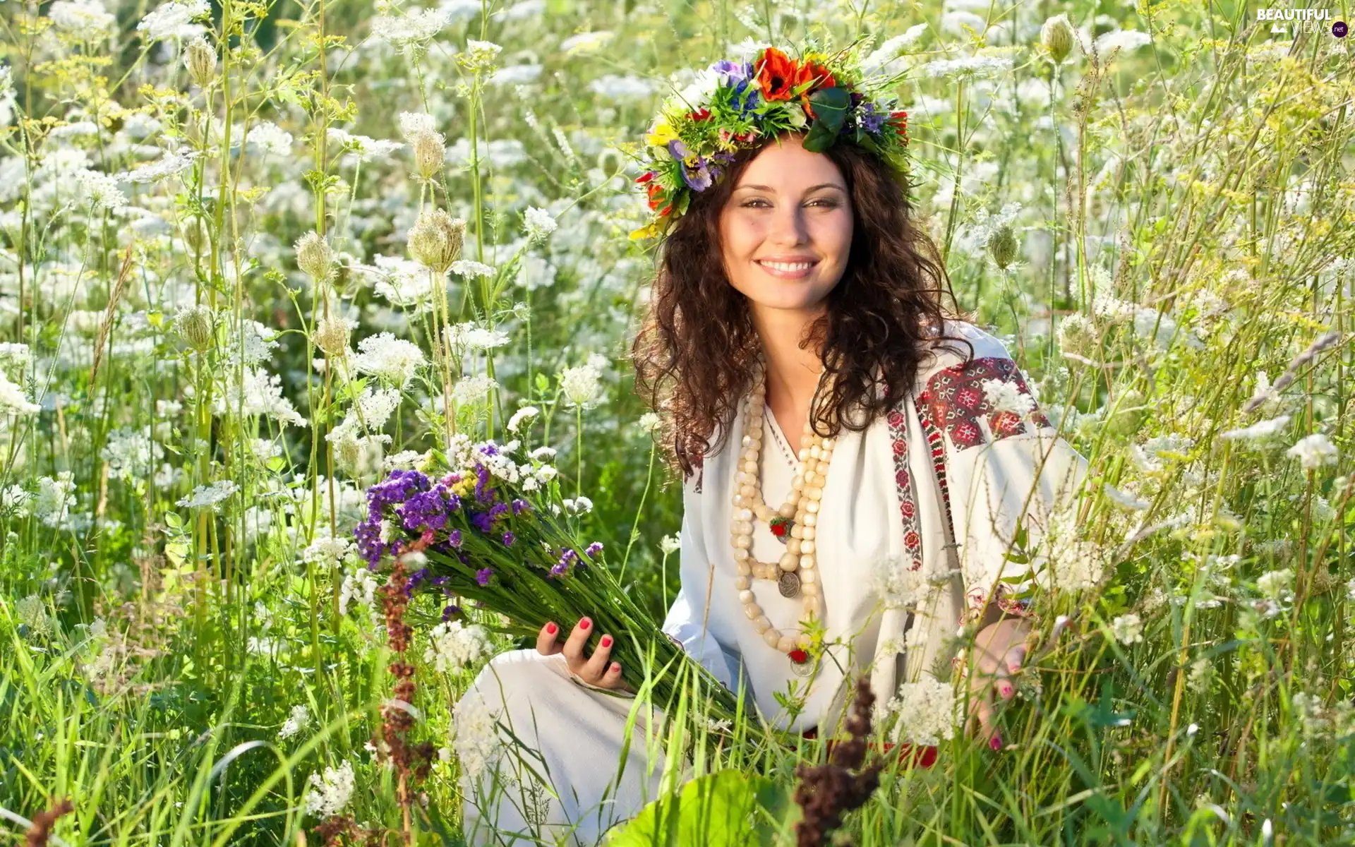 Flowers, grass, brunette, Meadow, smiling