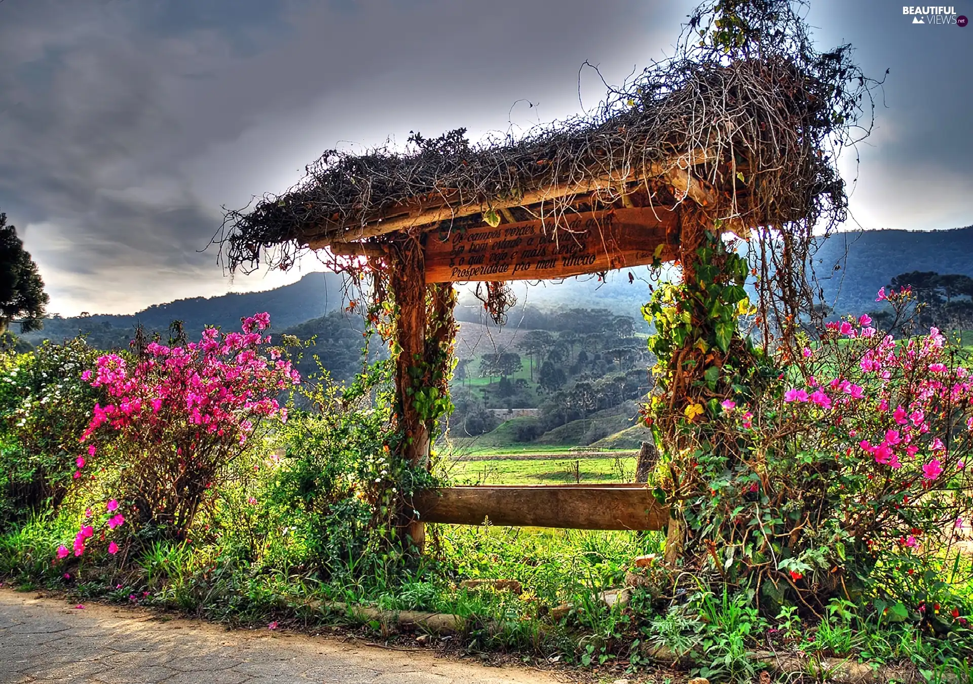 Mountains, Welcome, Flowers, Gate