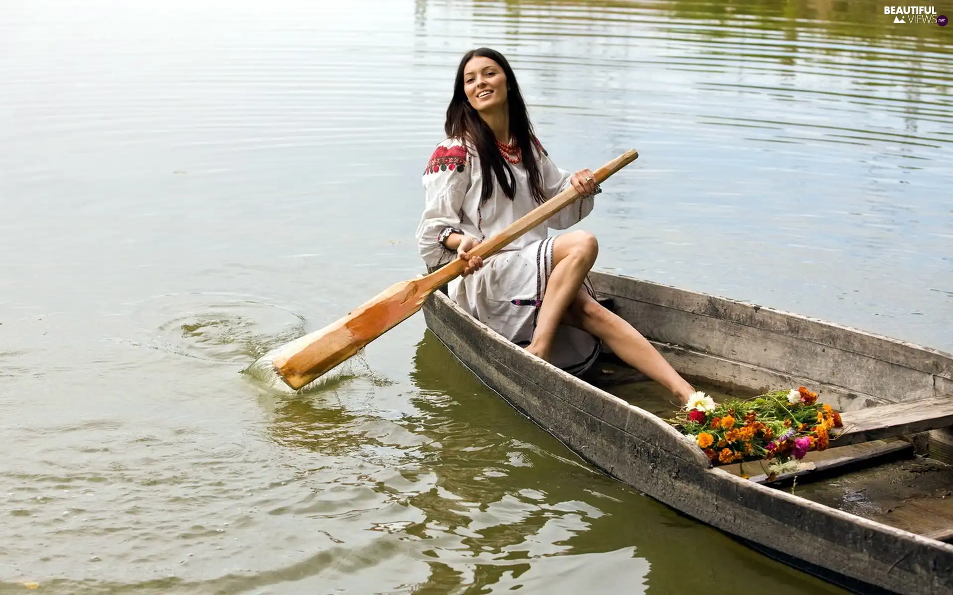 Women, lake, Flowers, Lodz