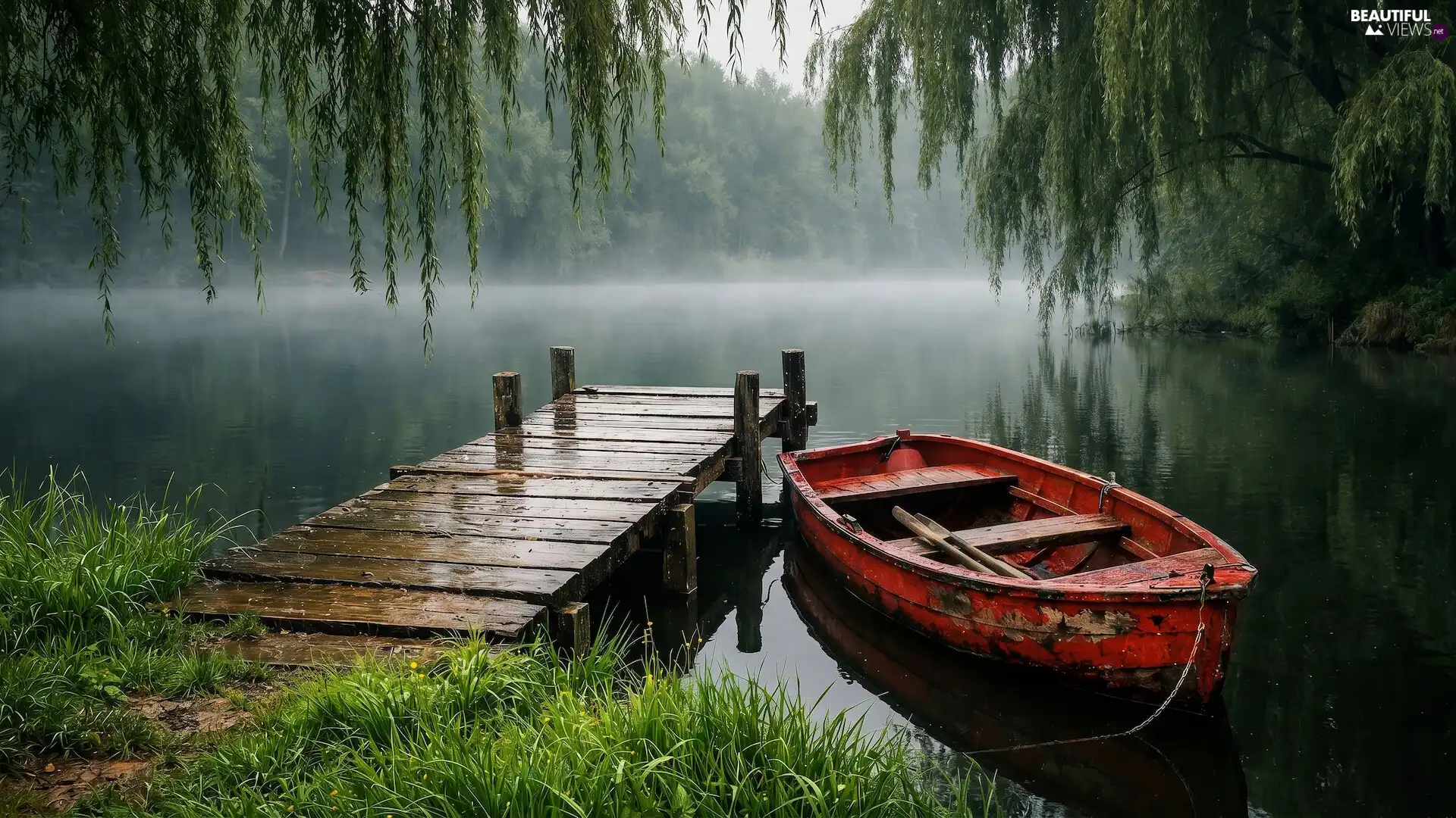 trees, Boat, branch pics, Platform, River, viewes, Fog