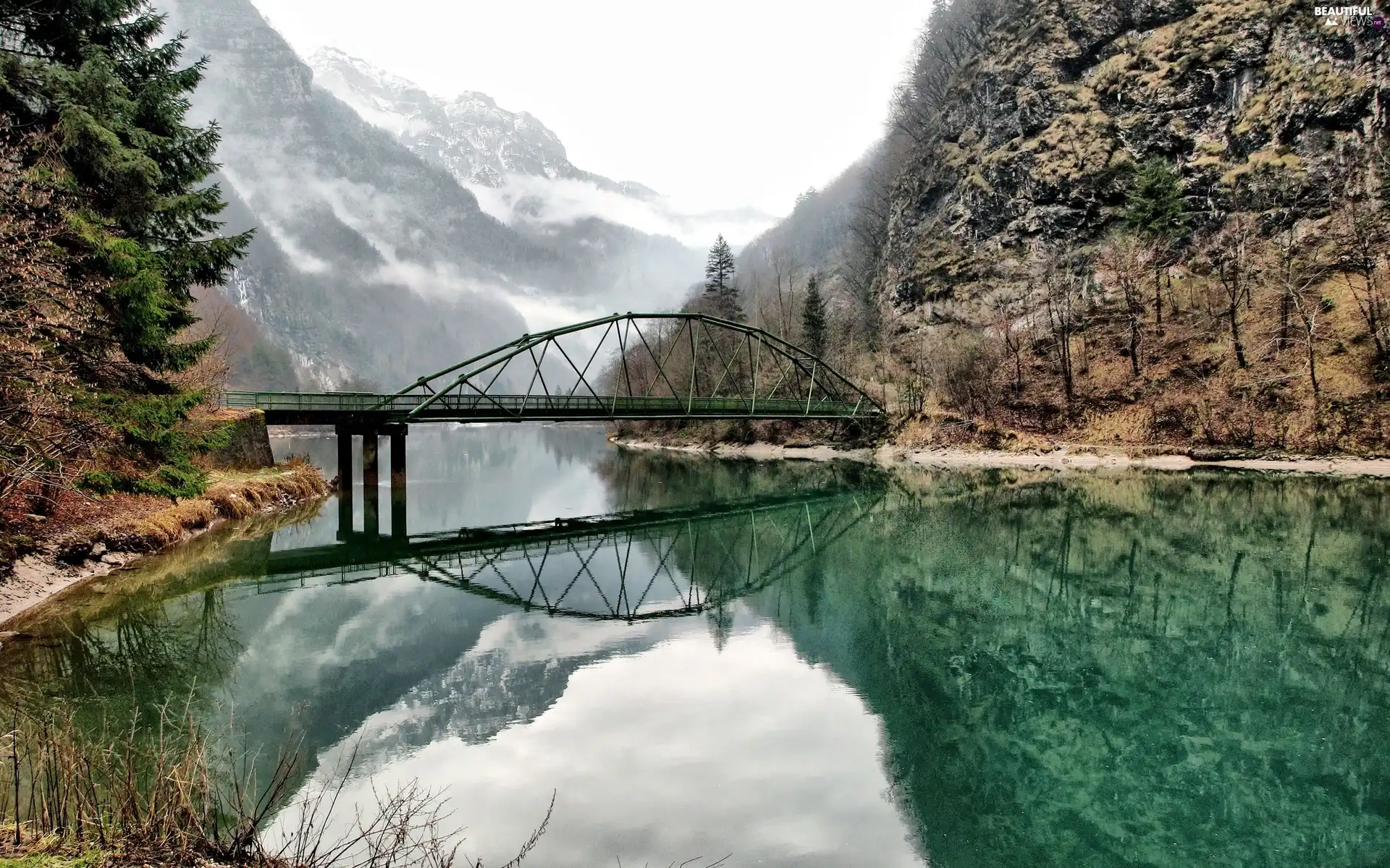 bridge, River, Fog, Mountain