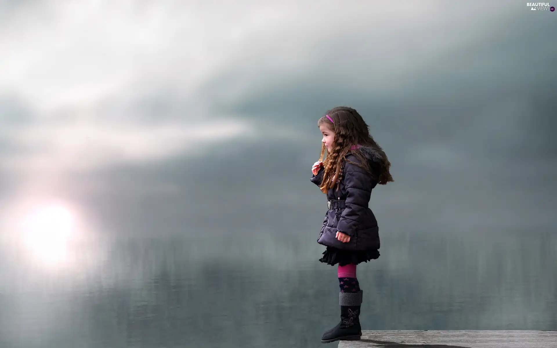 girl, lake, Fog, Platform