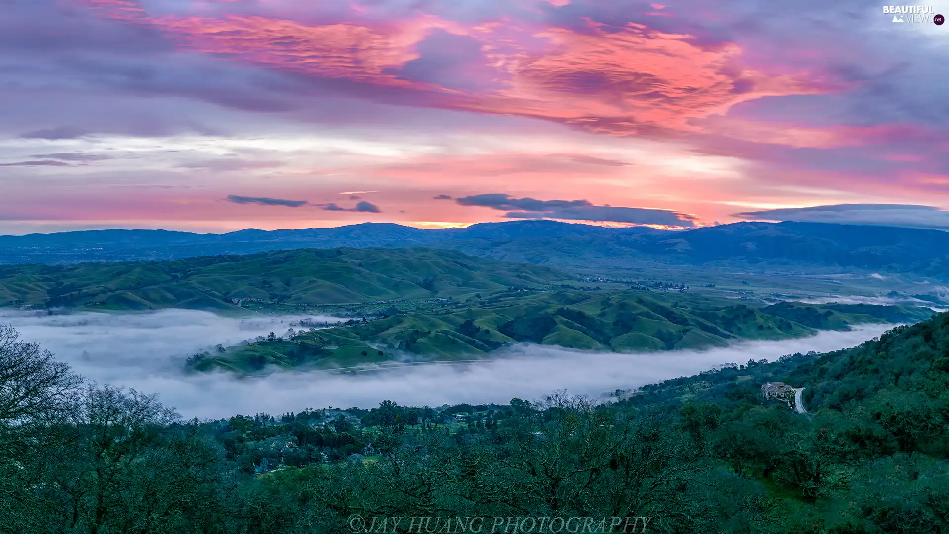 Fog, trees, Sunrise, viewes, clouds, The Hills, Mountains, Houses