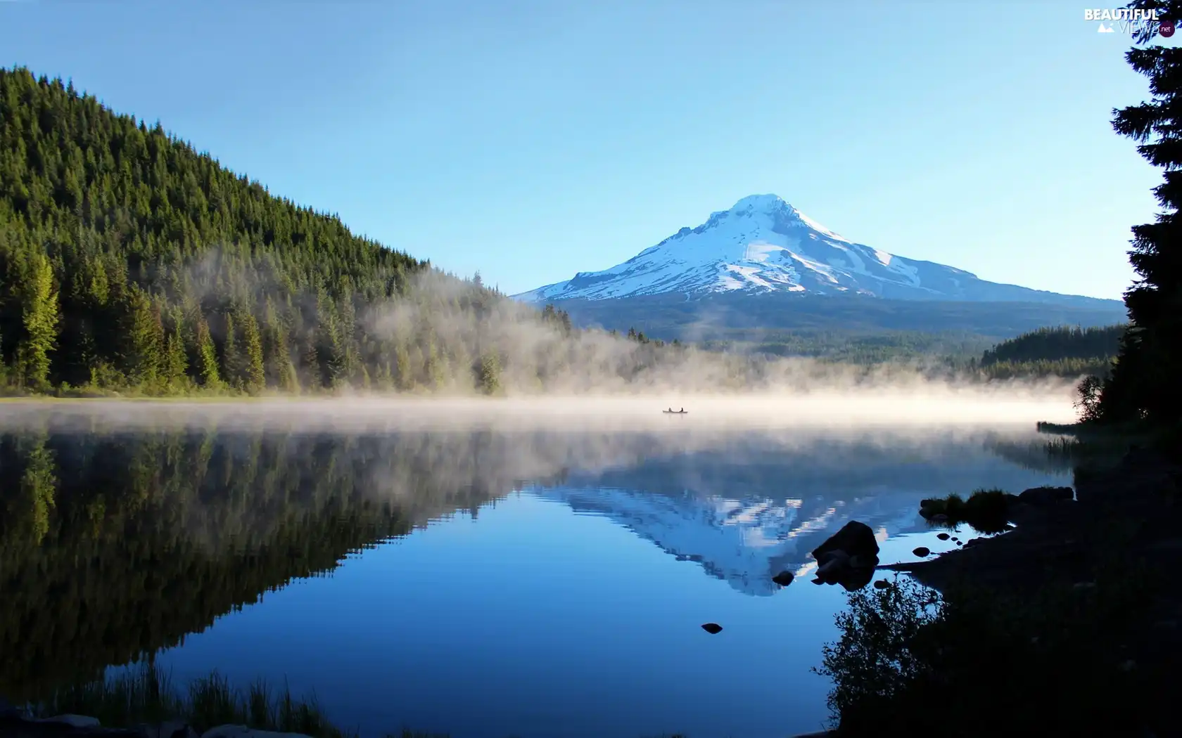 lake, forest, Fog, mountains