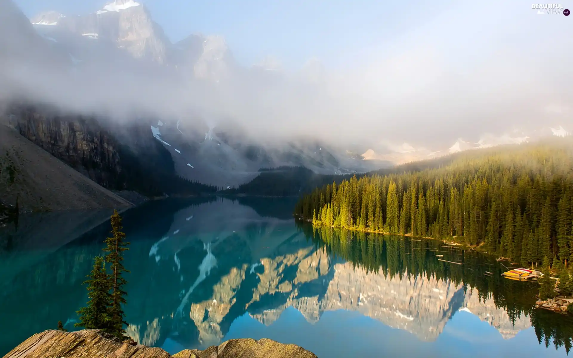 Fog, Mountains, lake