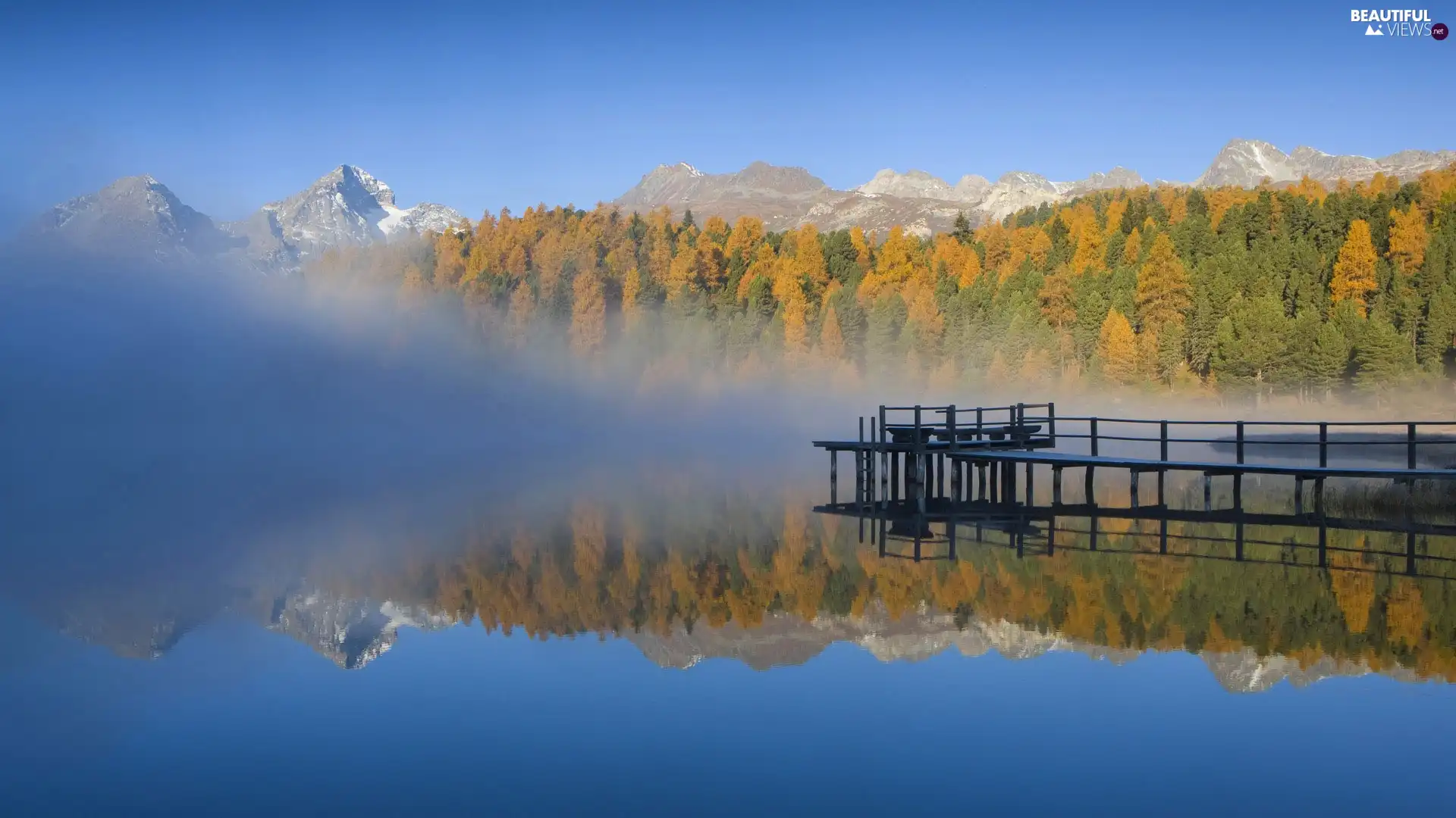 lake, woods, Fog, pier