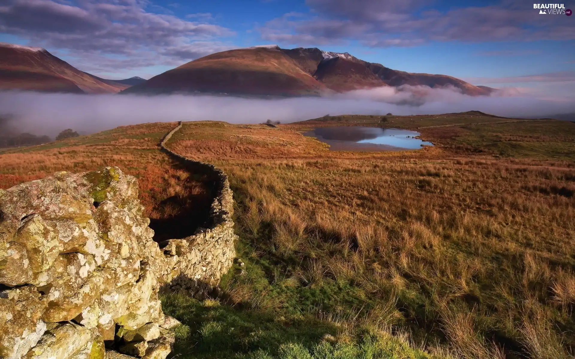 Fog, Mountains, Stones, field, ledge