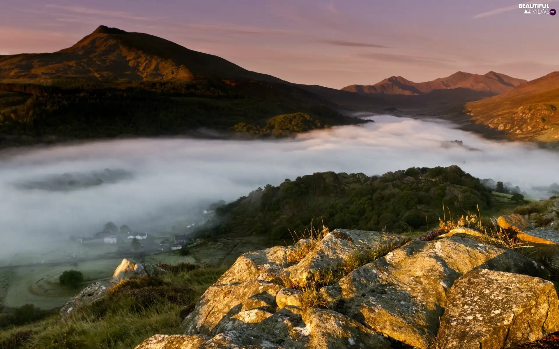 Mountains, rocks, Fog, woods