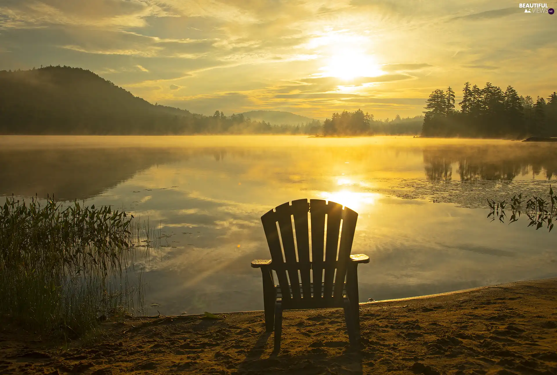 Sand, Sunrise, Mountains, Fog, lake, Chair, rushes
