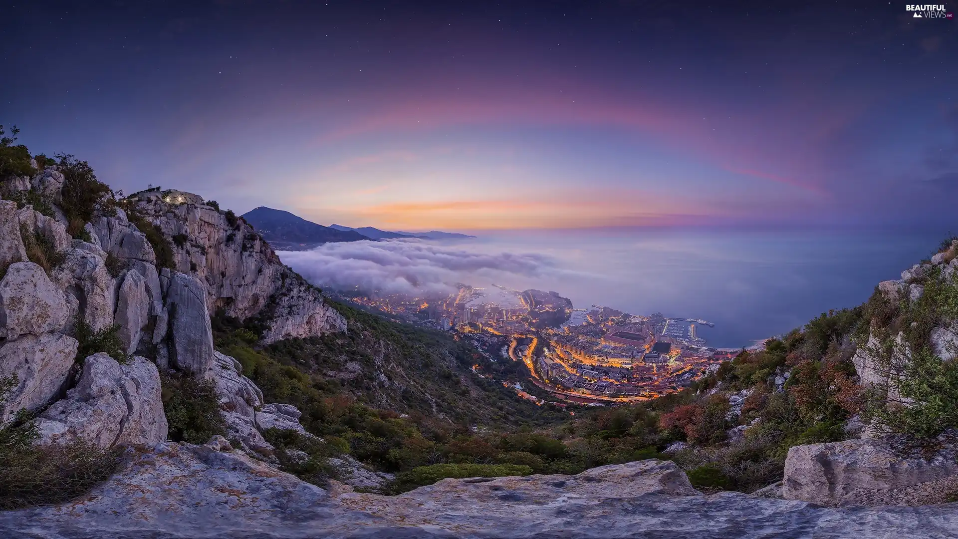 Mountains, Town, Fog, rocks