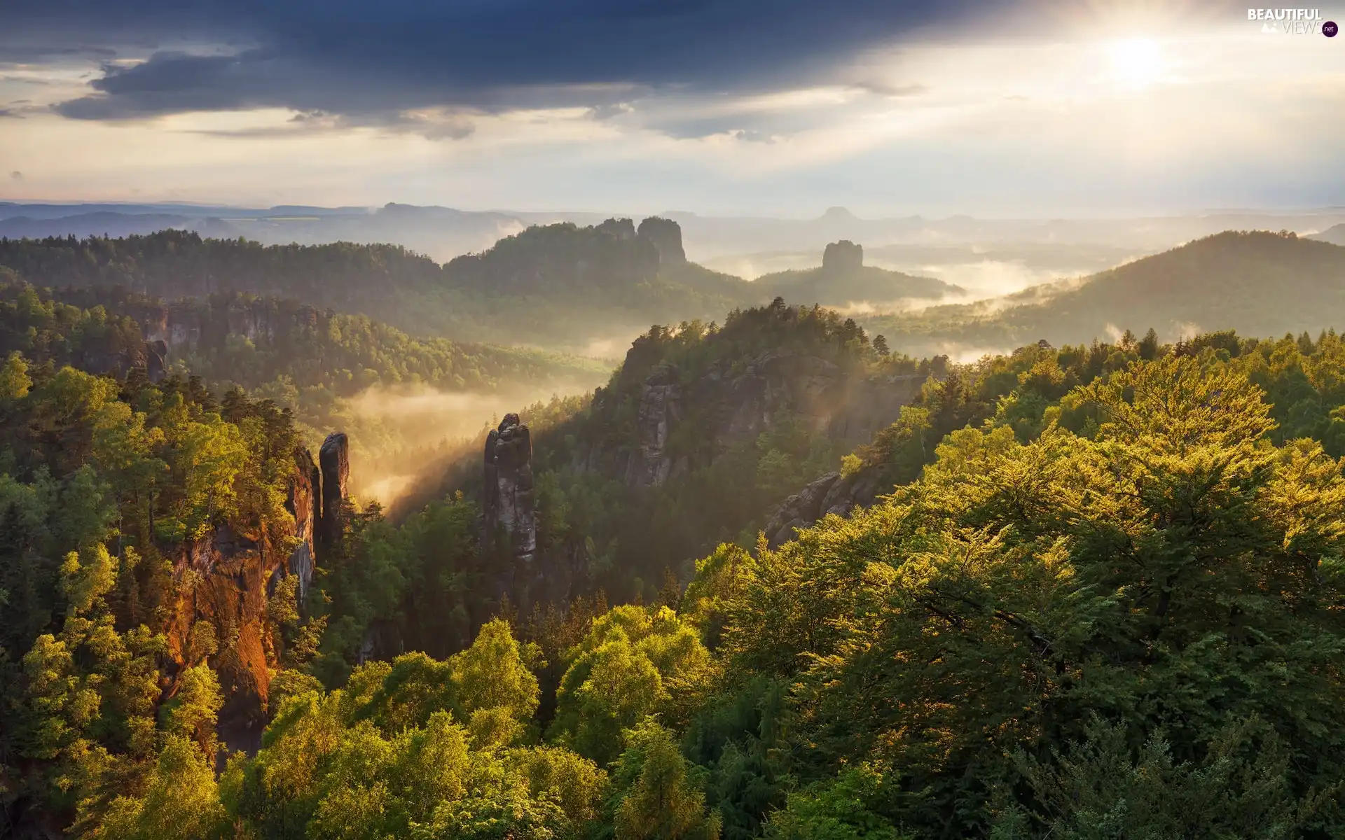 rocks, Sunrise, viewes, Fog, trees, Mountains