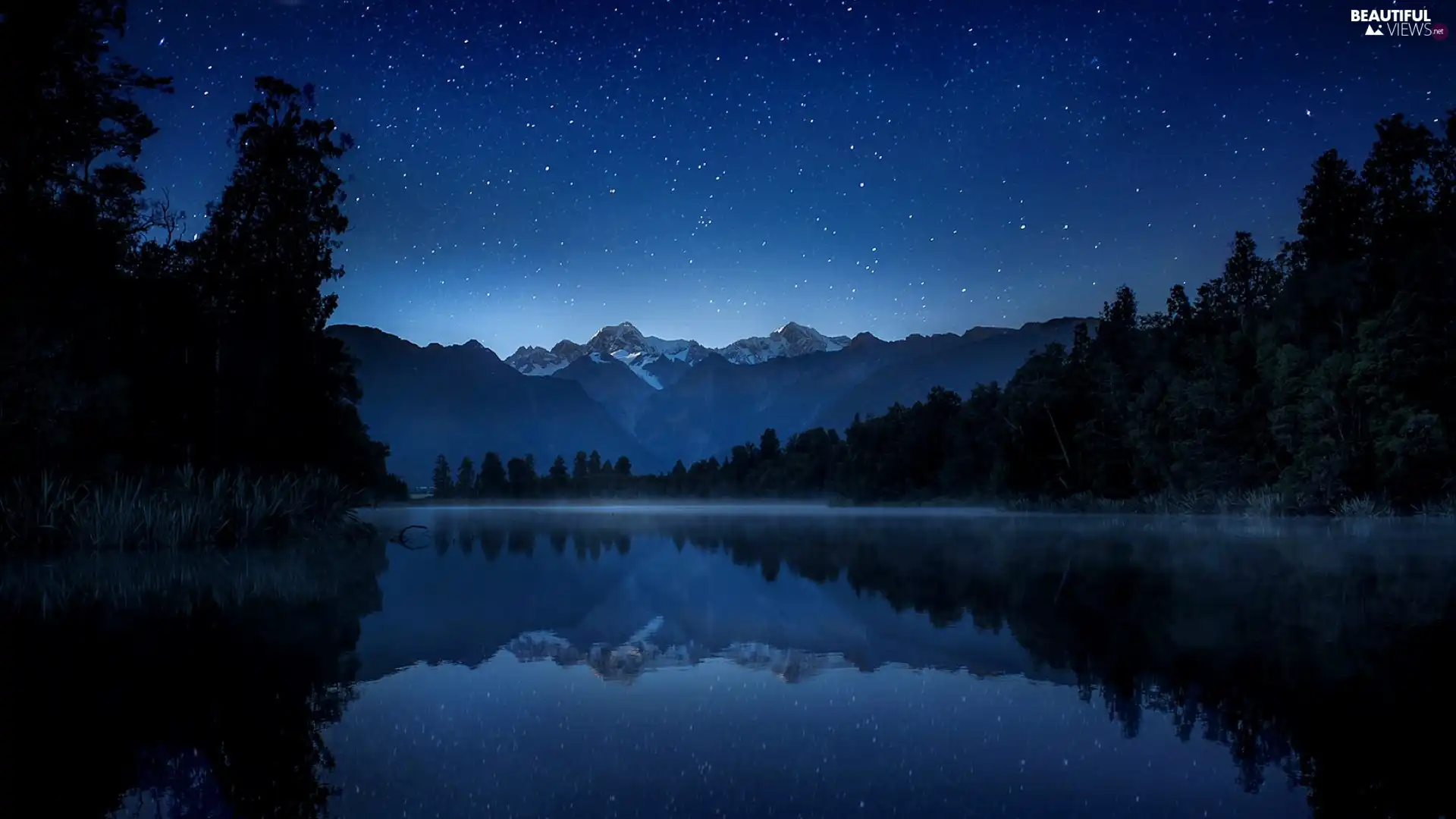 Fog, Night, lake, forest, Mountains