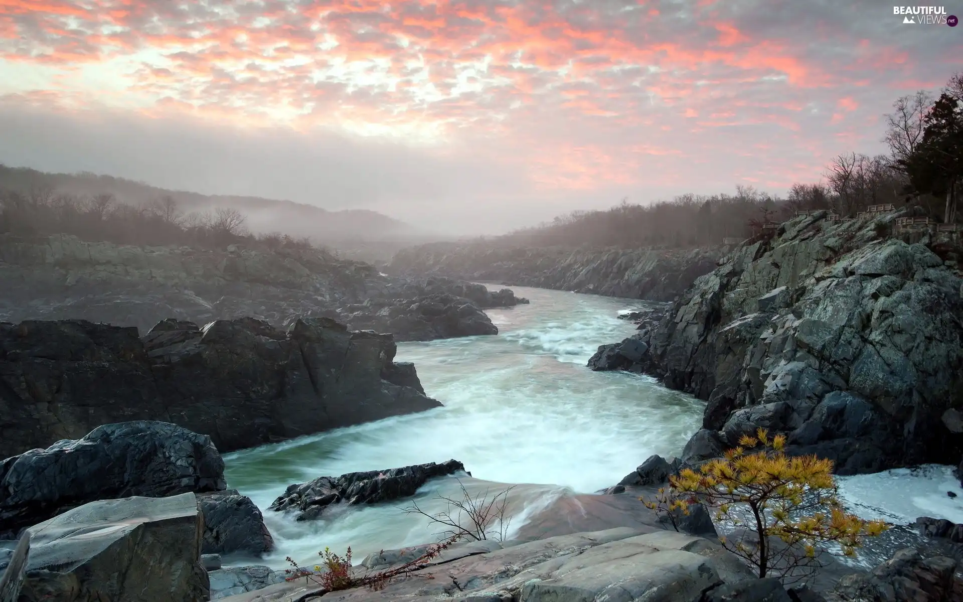 River, clouds, Fog, rocks