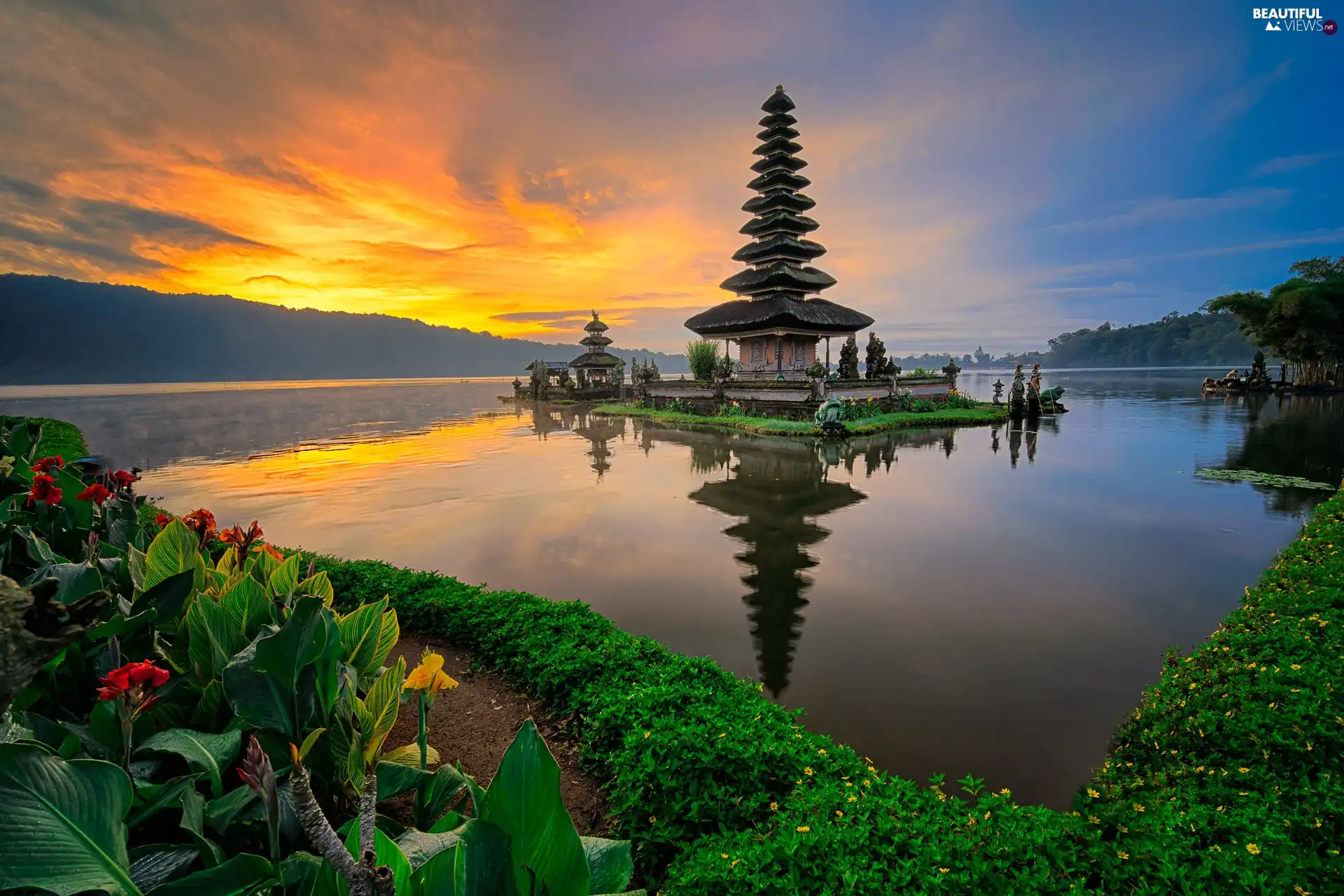 Bratan Lake, indonesia, Flowers, Mountains, trees, Fog, Sunrise, Pura Ulun Danu Bratan Temple, Bali, viewes, Kanna
