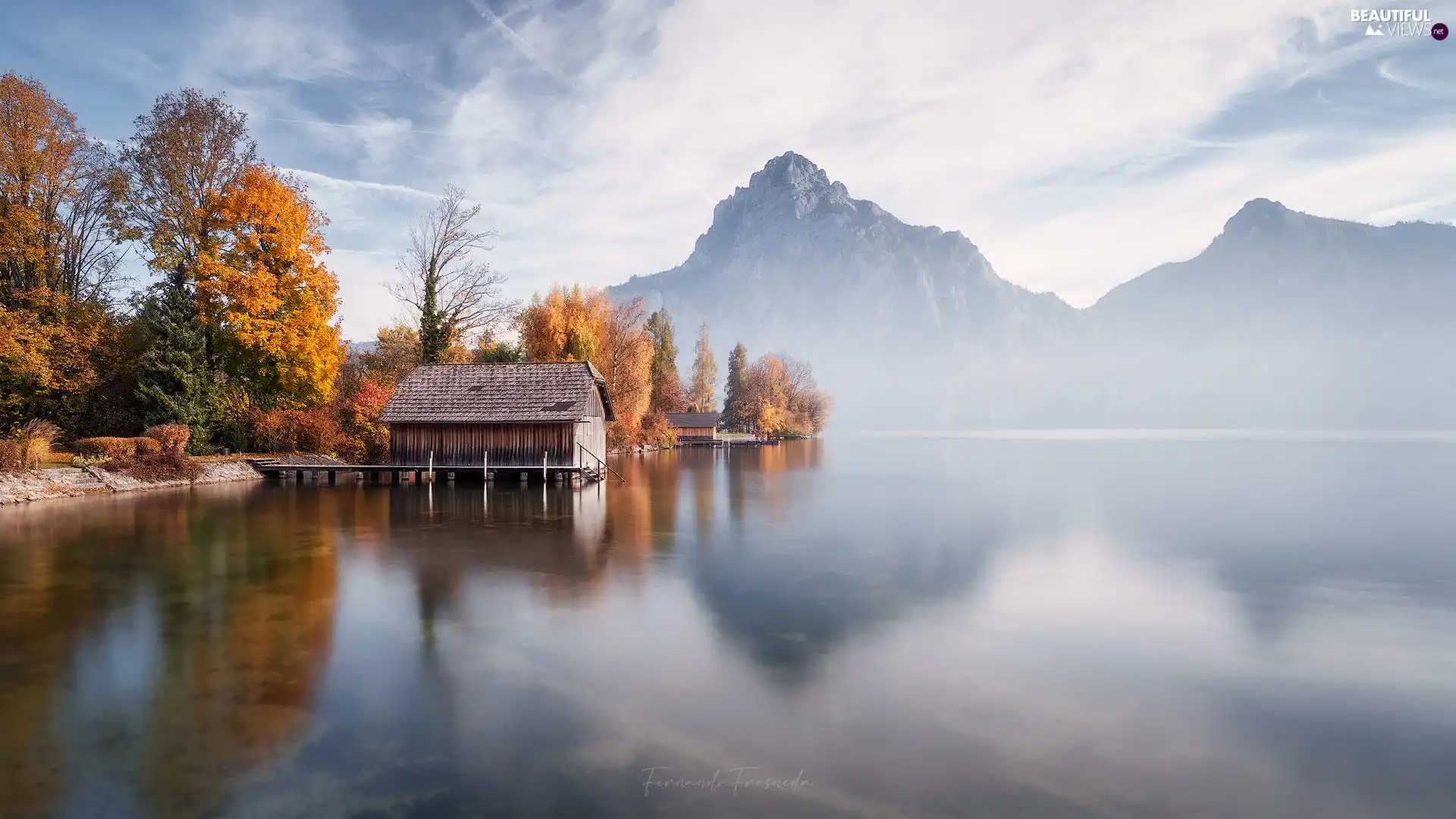 Fog, Lake Traunsee, Mountains, Houses, autumn, Austria, trees, viewes, Yellowed