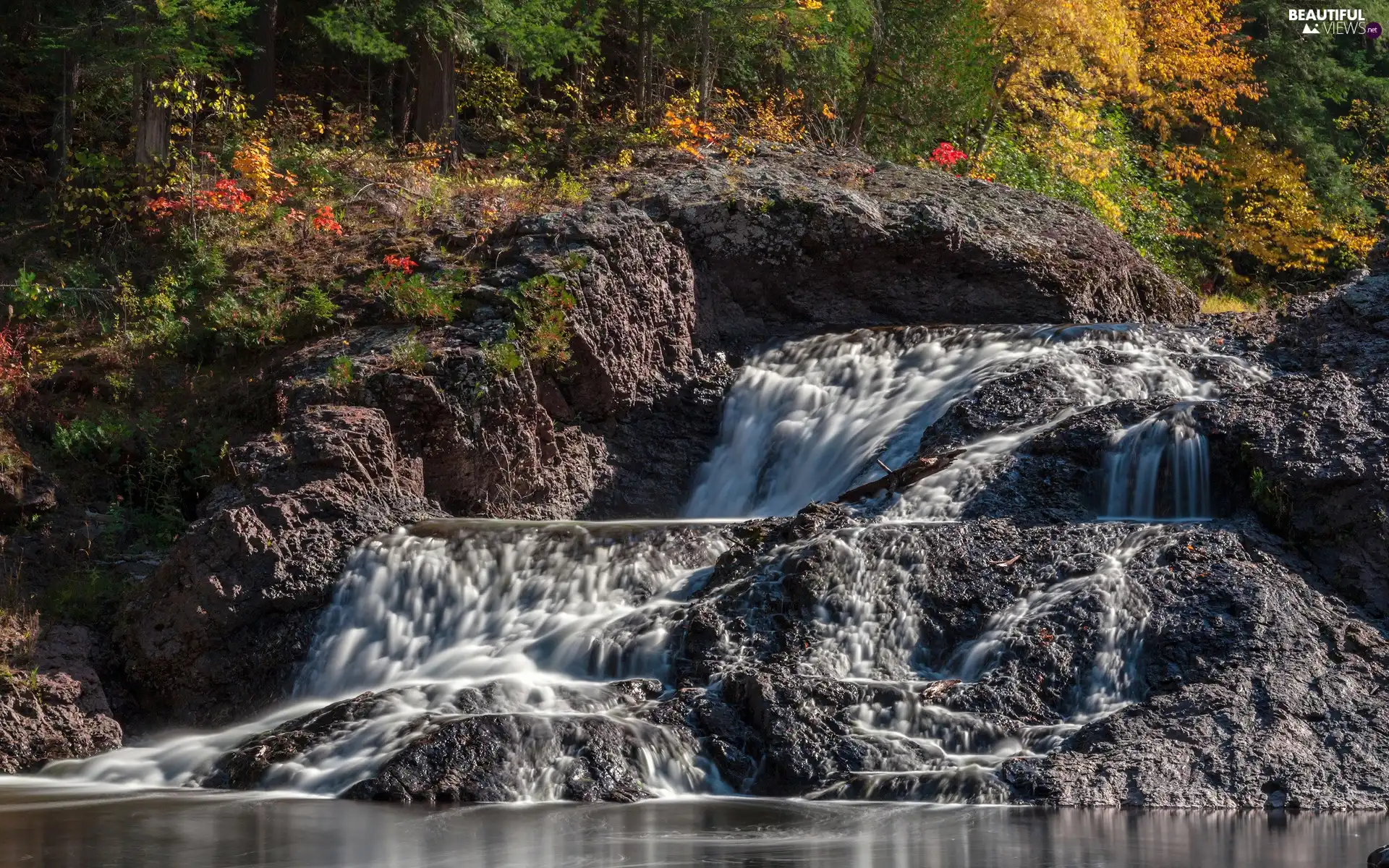 forest, autumn, waterfall, rocks, mountainous